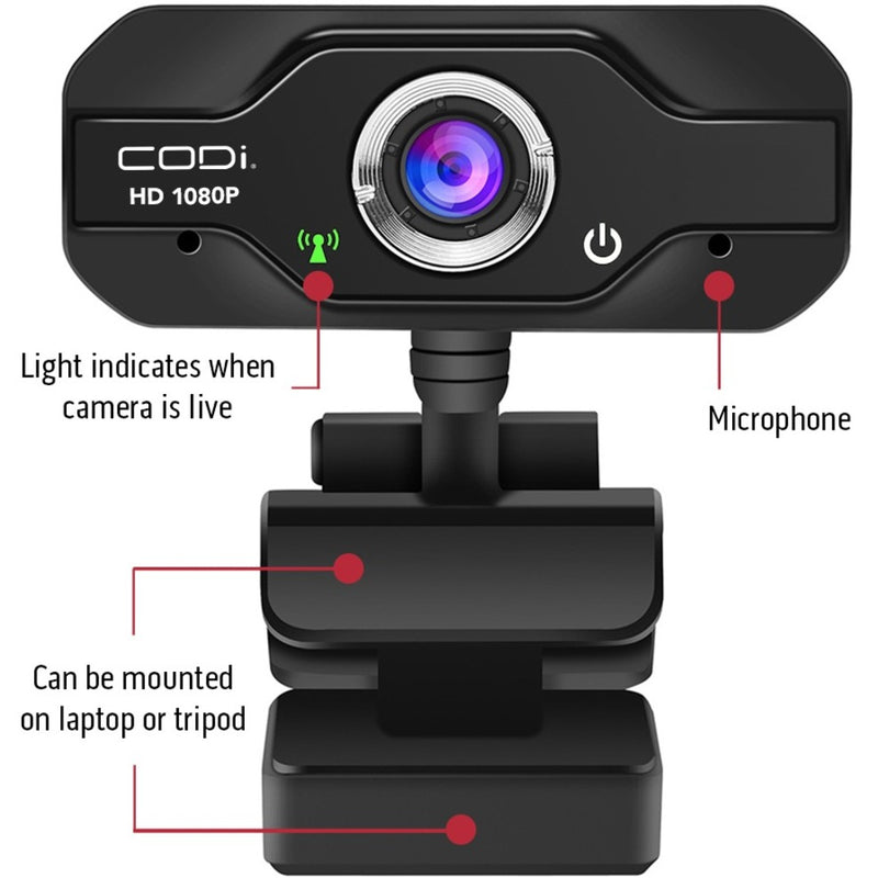 Detailed diagram of CODi Aquila webcam features showing LED indicator and microphone placement