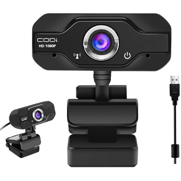 CODi Aquila HD 1080P webcam with mounting clip and USB cable showing front and side views