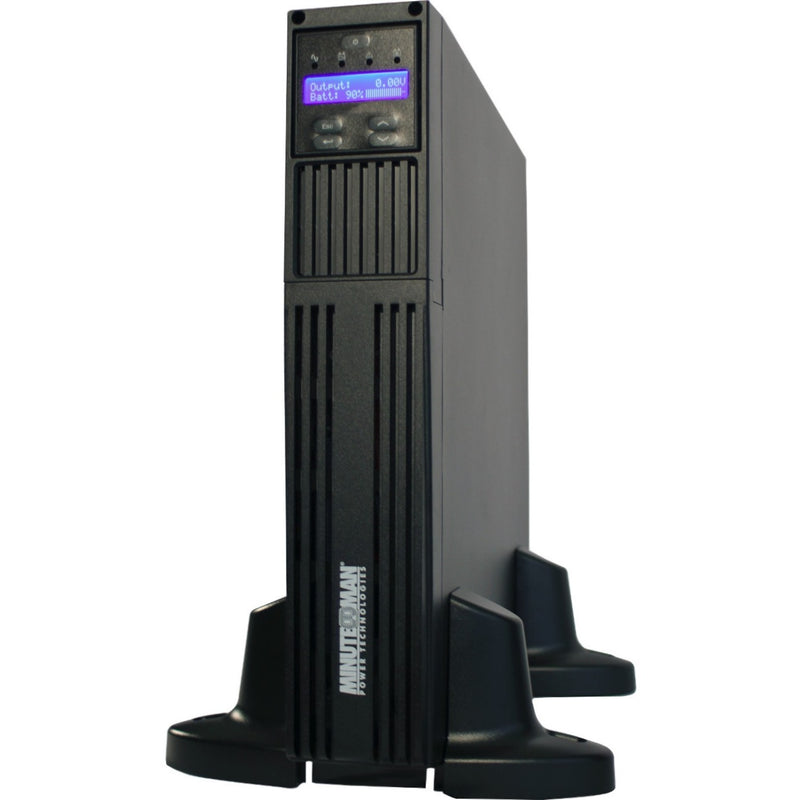 Minuteman EXR1000RT2U UPS in tower orientation with support base and rotated display