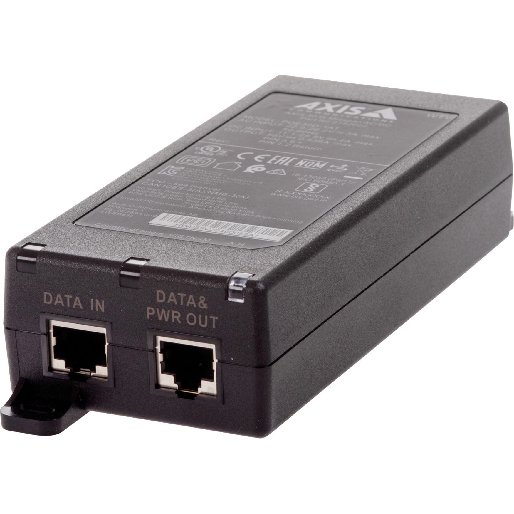 Close-up view of AXIS 30W Midspan AC/DC PoE injector showing dual ethernet ports labeled for data input and power output-alternate-image1