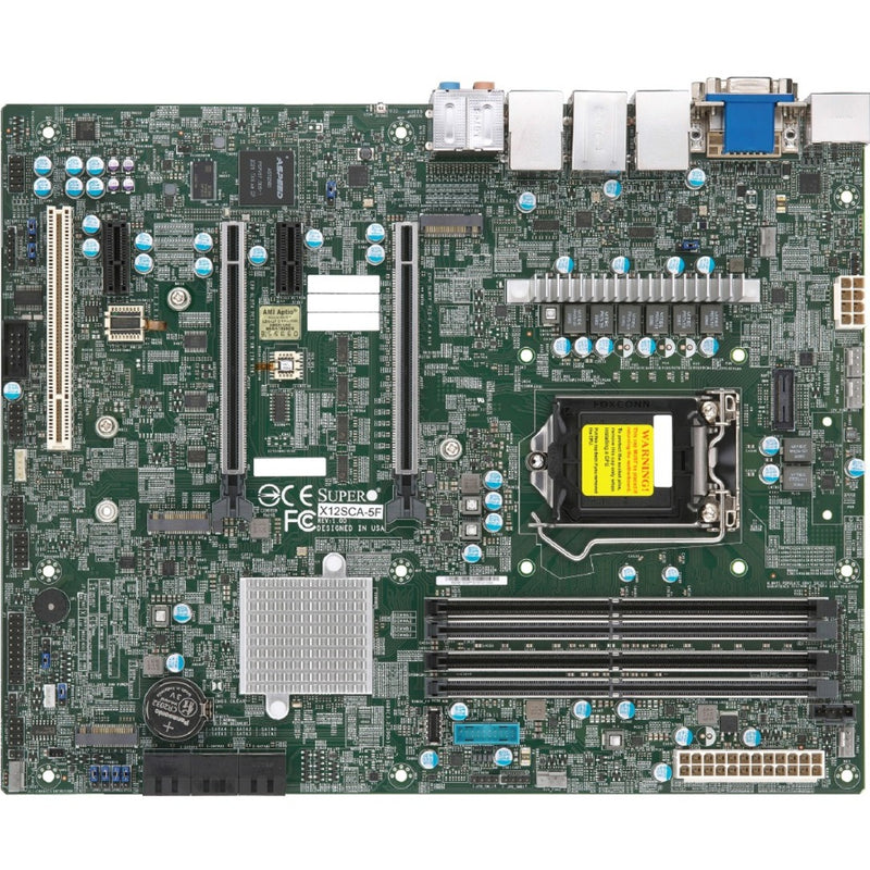 Top-down view of Supermicro X12SCA-5F motherboard showing LGA 1200 socket, DDR4 slots, PCIe slots, and I/O ports on a green PCB