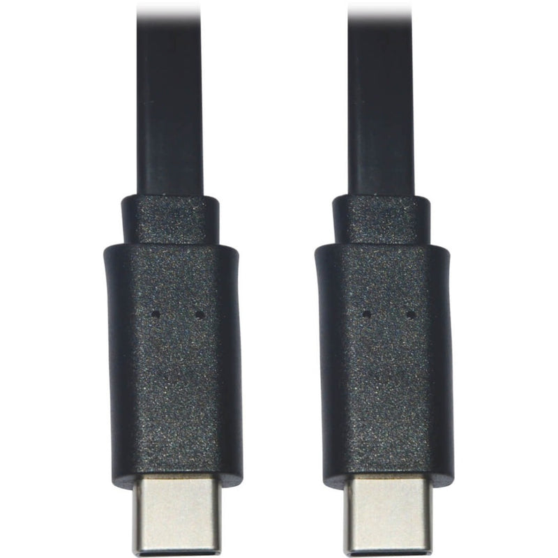 Close-up view of black USB-C connectors with gold-plated contacts on both ends of the cable