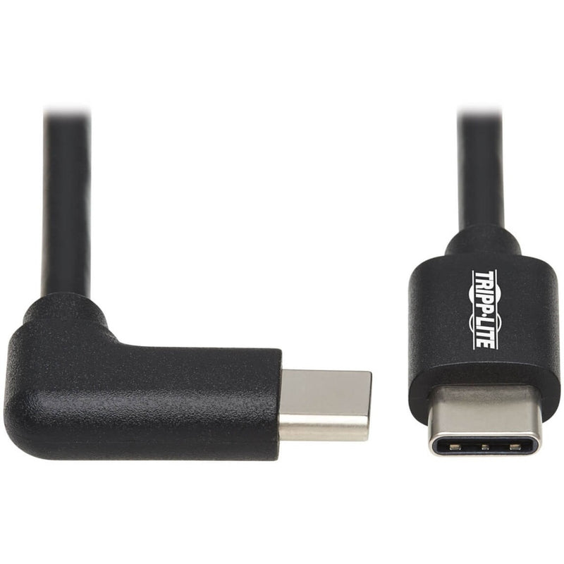 Close-up view of Tripp Lite USB-C cable's right-angle and straight connectors showing construction detail