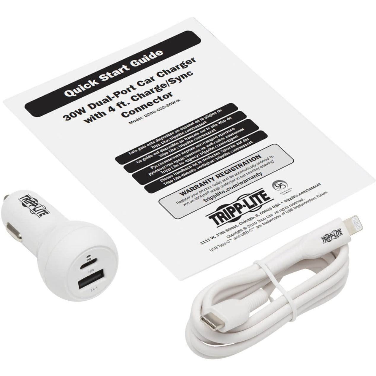 Tripp Lite U280-C02-30W-K Autoadapter 30W USB-C-Ladegerät für Smartphones Tablets und mehr