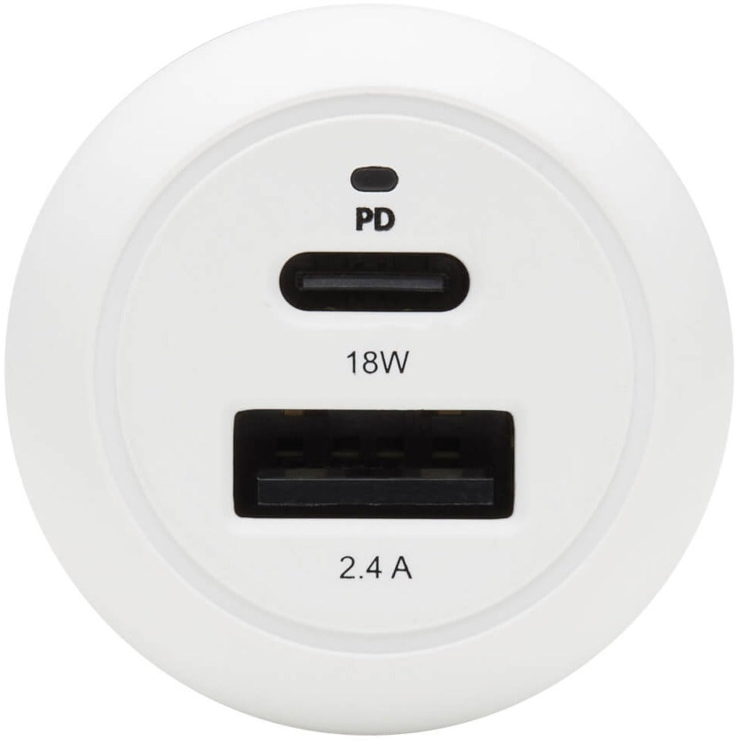 Detailed view of Tripp Lite car charger port labels showing power specifications-alternate-image2