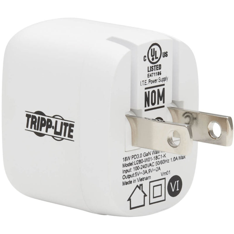 Detail view of Tripp Lite charger showing voltage specifications and certifications