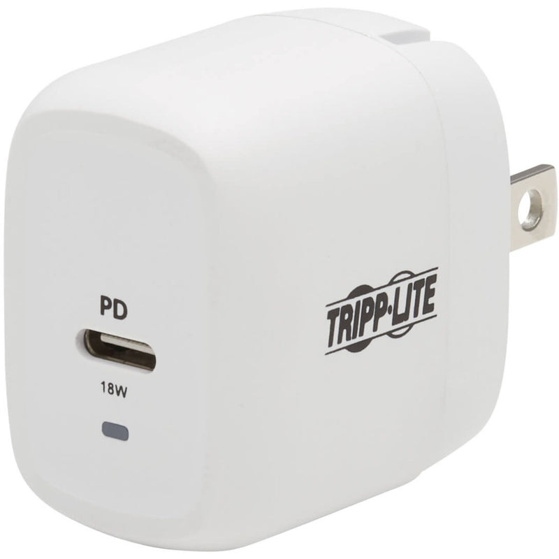 Front view of white Tripp Lite 18W USB-C PD charger showing Power Delivery port and branding