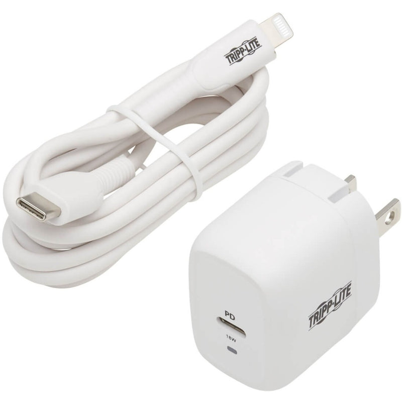 Product shot showing Tripp Lite charger with included USB-C to Lightning cable