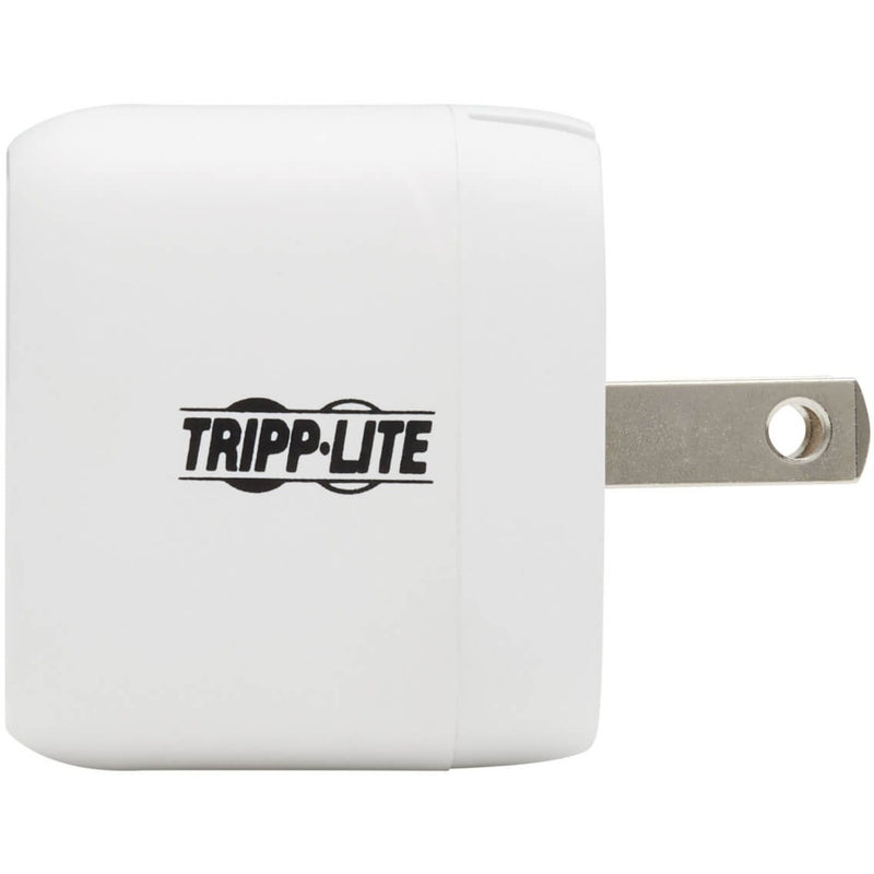 Side view of Tripp Lite charger showing folding prongs and brand logo