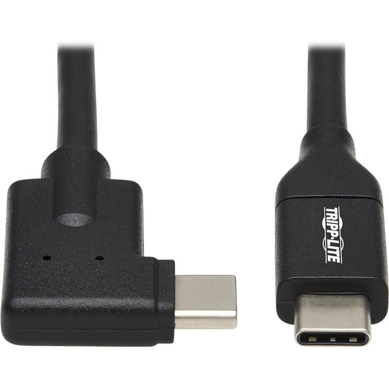 Close-up view of Tripp Lite USB-C cable showing right-angle connector and straight connector ends