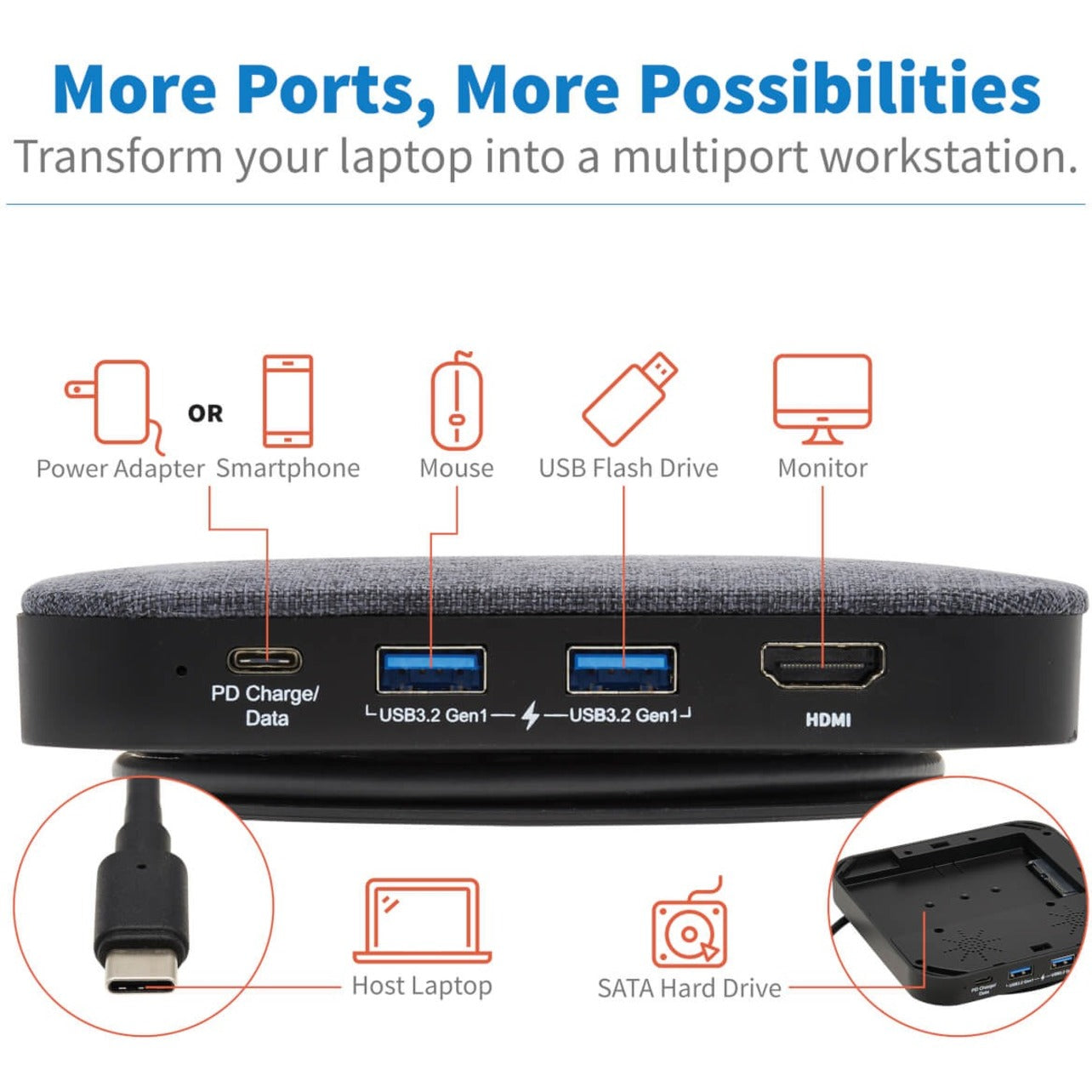 Tripp Lite U442-DOCK17-GY Docking Station, 4K HDMI, USB Type-C, USB Type-A, Thunderbolt, 100W Power Supply