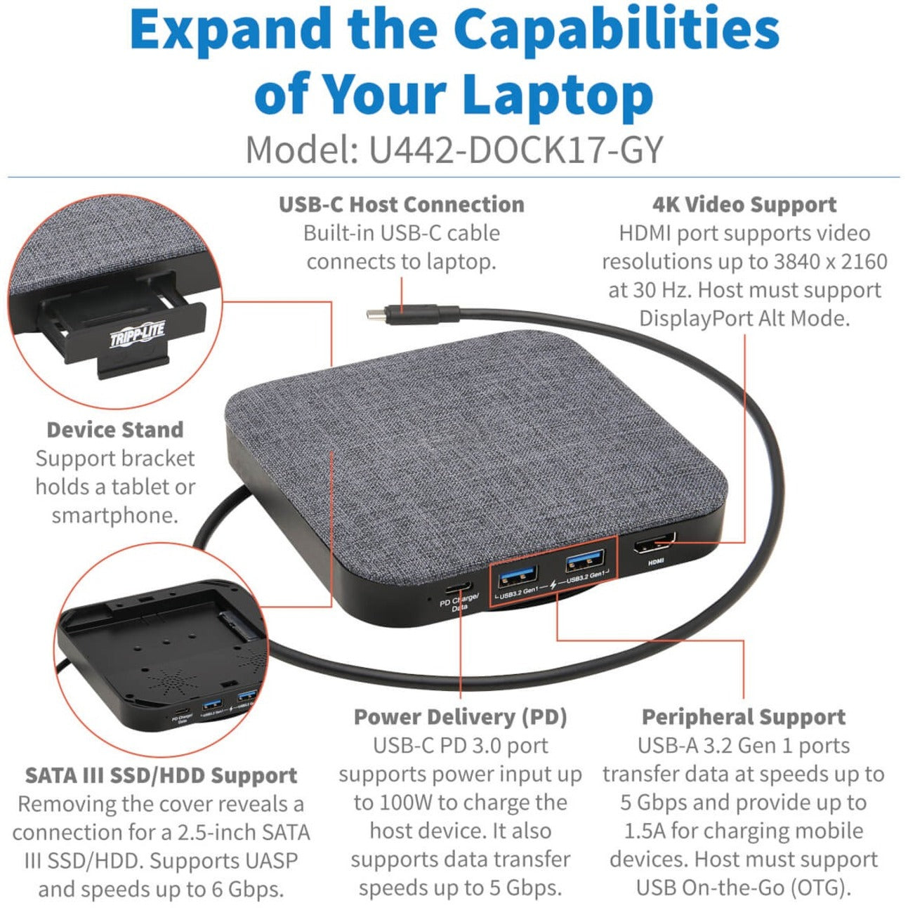 Tripp Lite U442-DOCK17-GY Docking Station, 4K HDMI, USB Type-C, USB Type-A, Thunderbolt, 100W Power Supply