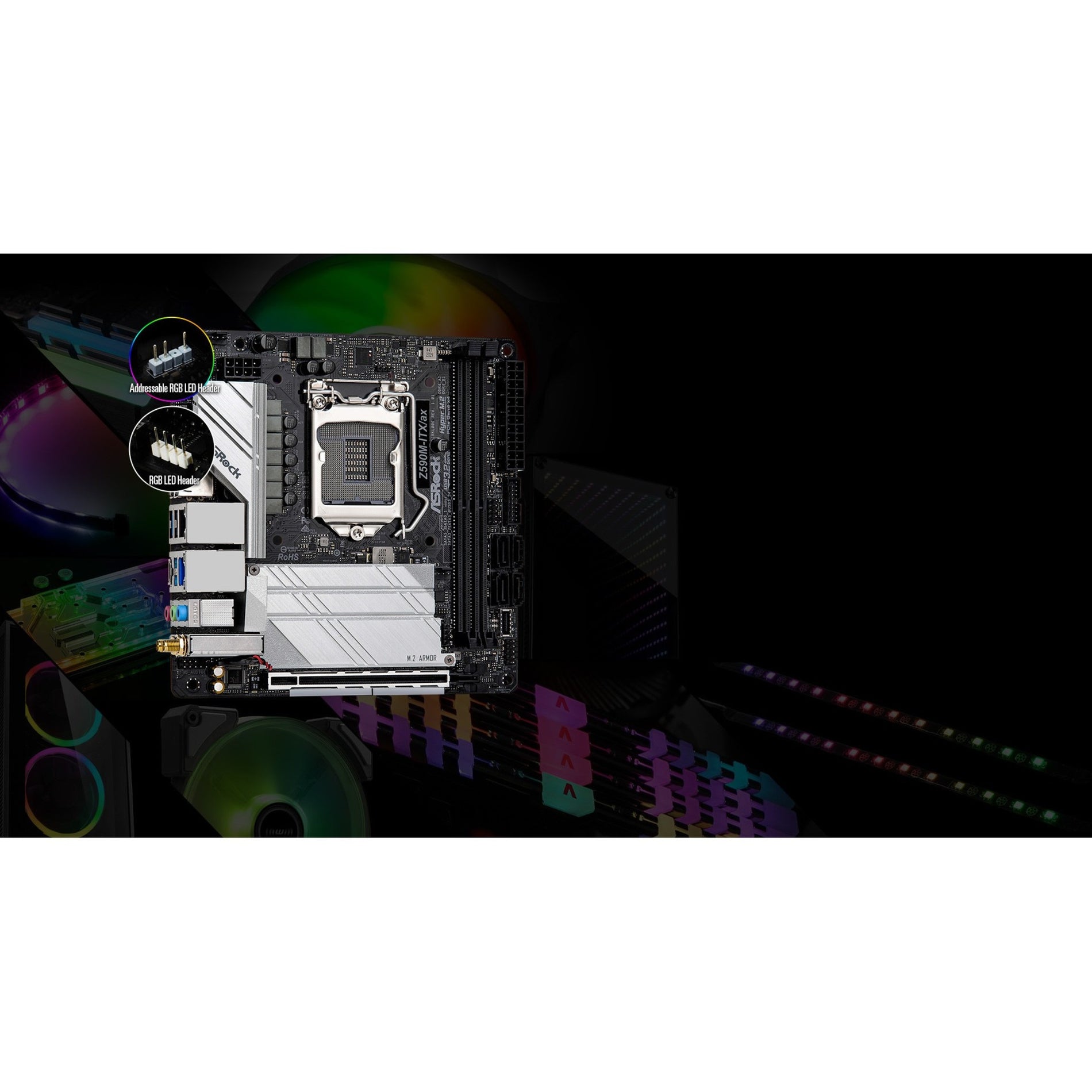 ASRock Z590M-ITX/AX Z590M-ITX/ax Desktop Motherboard, Mini ITX, Intel Chipset, Core i3/i5/i7/i9, 64GB RAM, 3 M.2 Slots, 4 SATA Interfaces