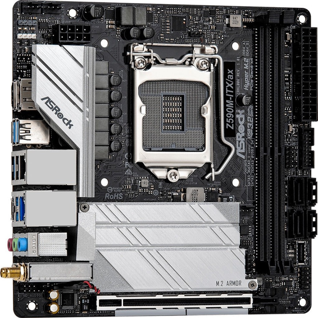 ASRock Z590M-ITX/AX Z590M-ITX/ax Desktop Motherboard, Mini ITX, Intel Chipset, Core i3/i5/i7/i9, 64GB RAM, 3 M.2 Slots, 4 SATA Interfaces