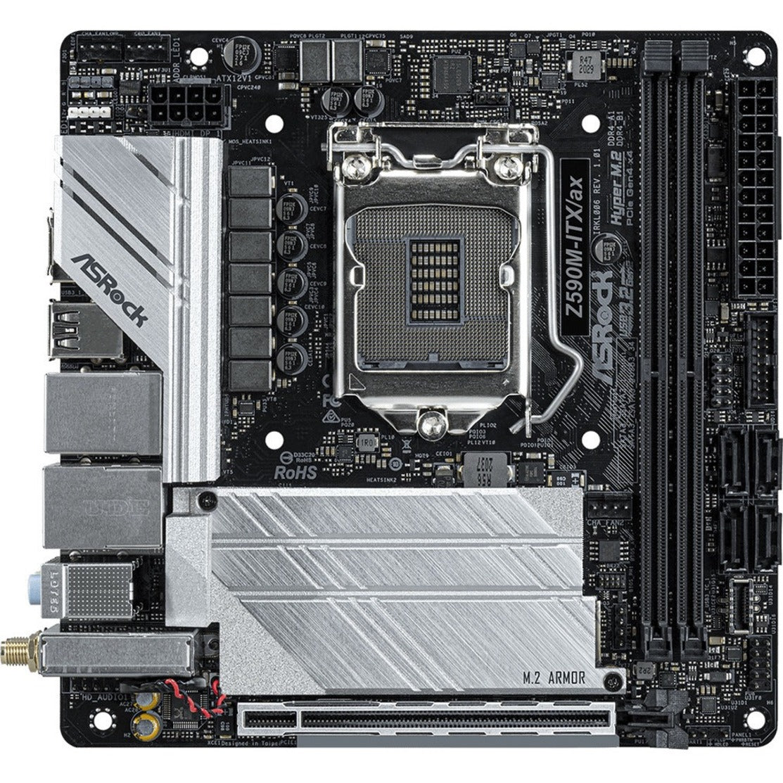 ASRock Z590M-ITX/AX Z590M-ITX/ax Desktop Motherboard, Mini ITX, Intel Chipset, Core i3/i5/i7/i9, 64GB RAM, 3 M.2 Slots, 4 SATA Interfaces