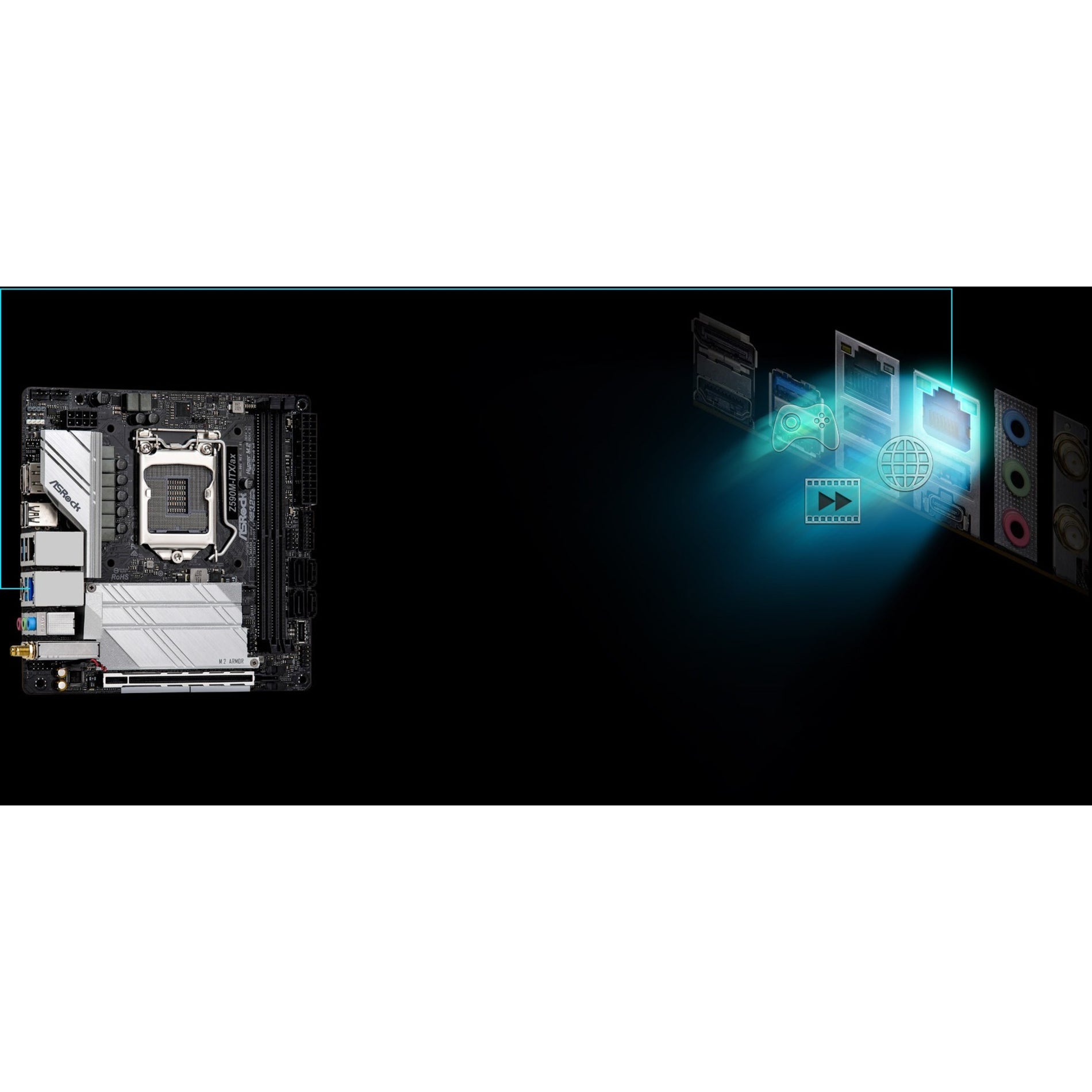 ASRock Z590M-ITX/AX Z590M-ITX/ax Desktop Motherboard, Mini ITX, Intel Chipset, Core i3/i5/i7/i9, 64GB RAM, 3 M.2 Slots, 4 SATA Interfaces