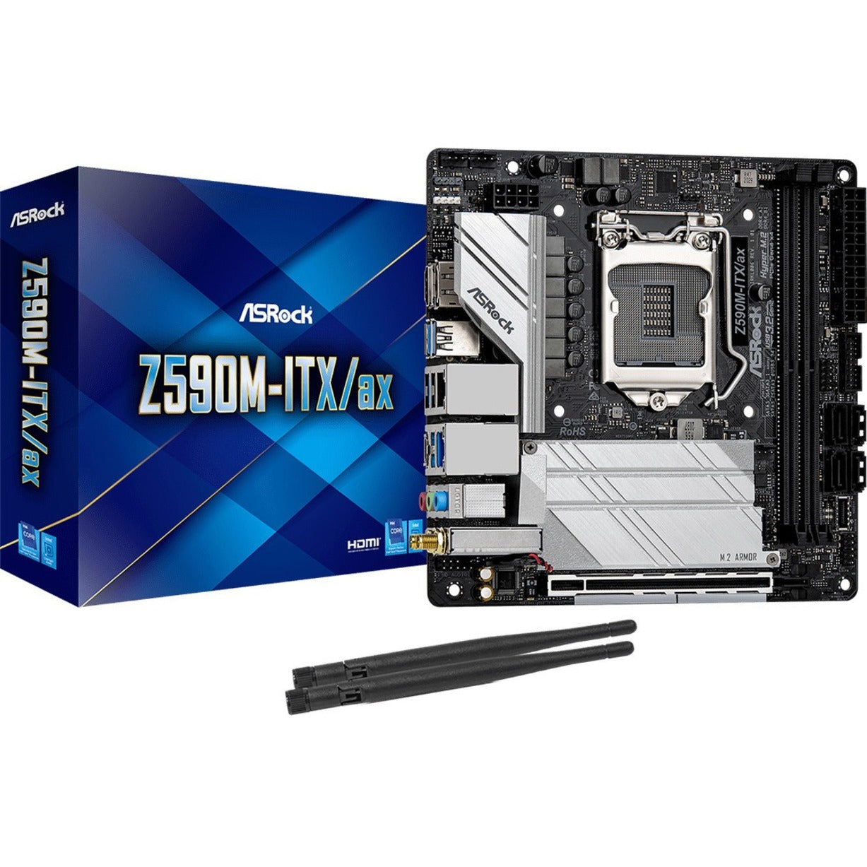 ASRock Z590M-ITX/AX Z590M-ITX/ax Desktop Motherboard, Mini ITX, Intel Chipset, Core i3/i5/i7/i9, 64GB RAM, 3 M.2 Slots, 4 SATA Interfaces