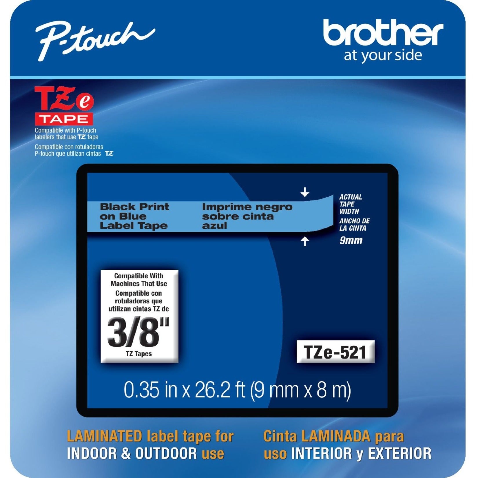 Brother Cinta de Etiqueta P-touch TZE521CS 0.35" x 26.2' Negro sobre Azul Fácil de Pelar Resistente a la Decoloración Resistente al Agua