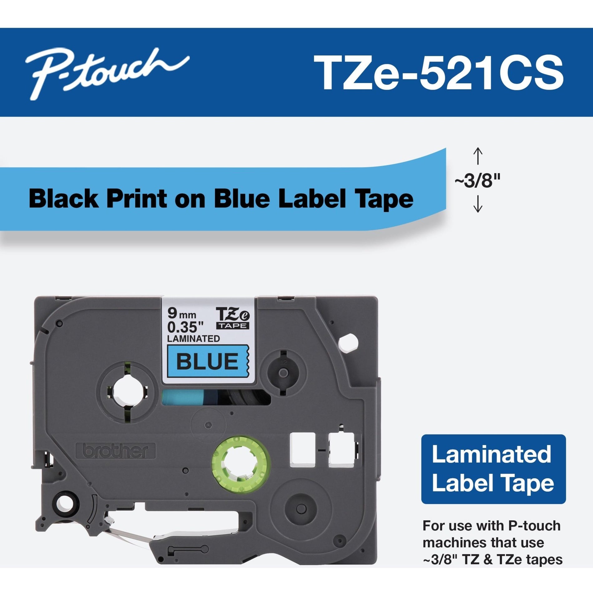 Brother TZE521CS P-touch Label Tape, 0.35" x 26.2', Black on Blue, Easy Peel, Fade Resistant, Water Resistant