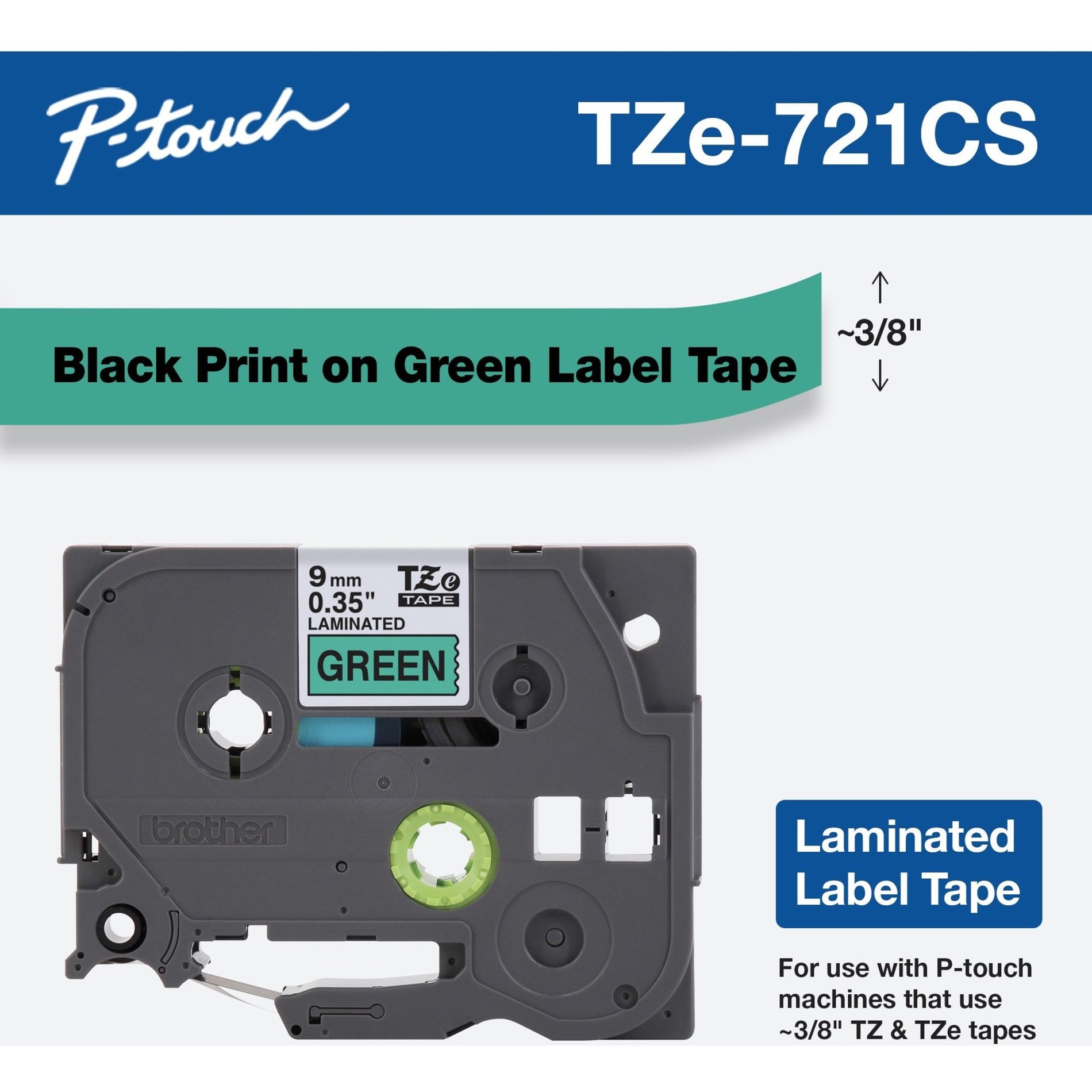 Broer TZE721CS P-touch Label Tape 0.35" x 26.2' Zwart op Groen Eenvoudig te verwijderen Bestand tegen vervaging Waterbestendig