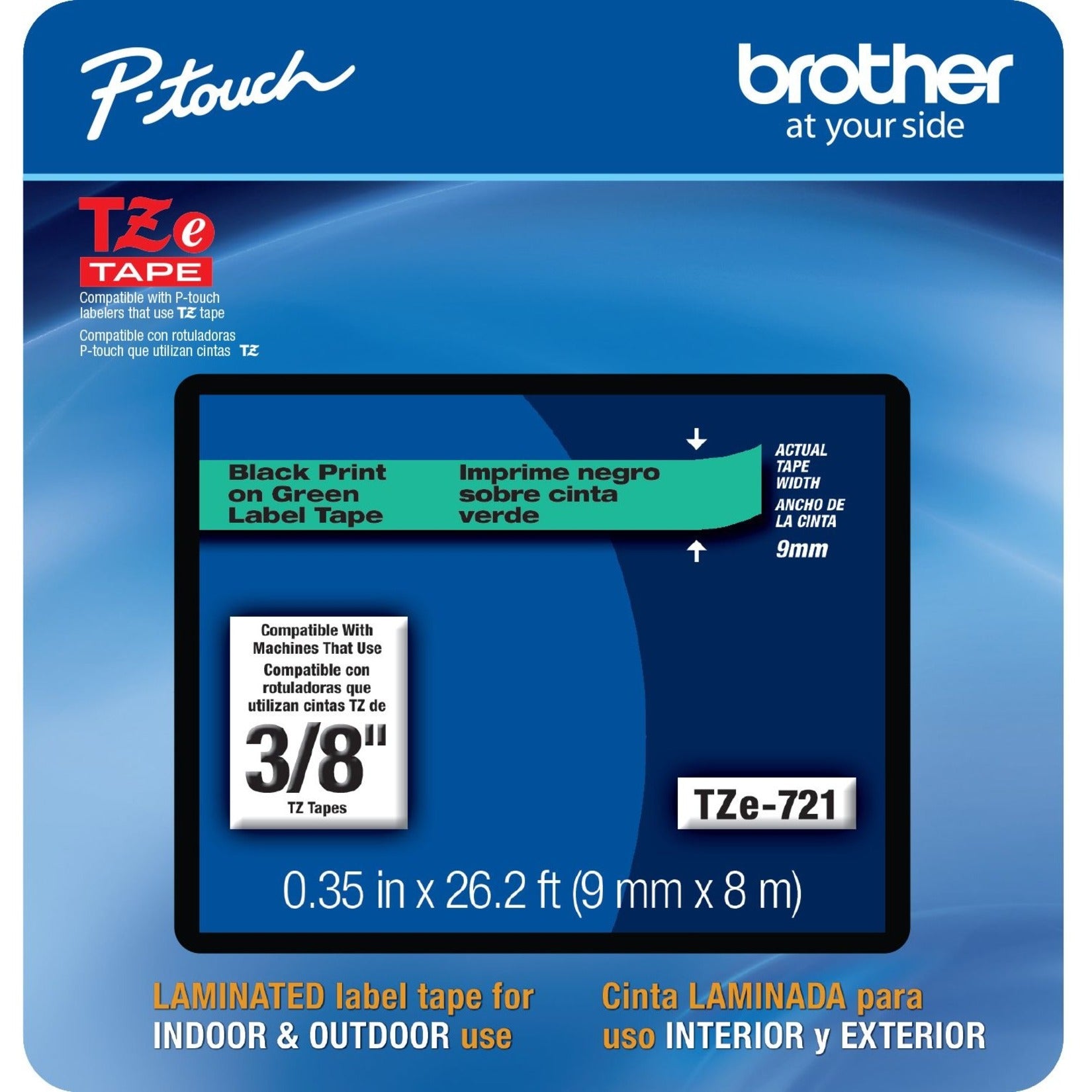 Frère TZE721CS Ruban d'étiquettes P-touch 035" x 262' Noir sur Vert Facile à décoller Résistant à la décoloration Résistant à l'eau