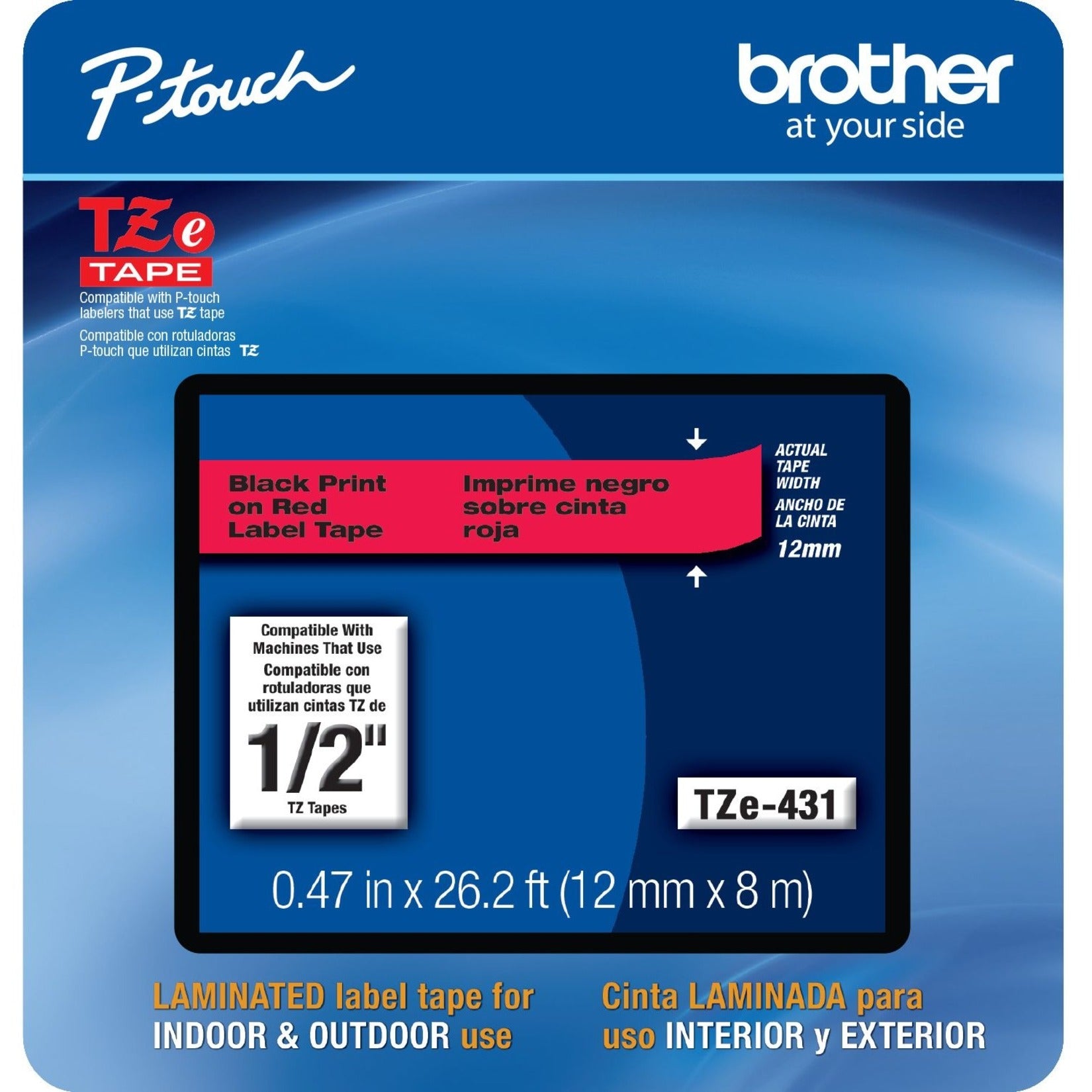 Brother TZE-431CS TZe-431CS, 0.47" x 26.2' Black on Red Laminated Label Tape, Easy Peel, Fade Resistant, Smudge Proof