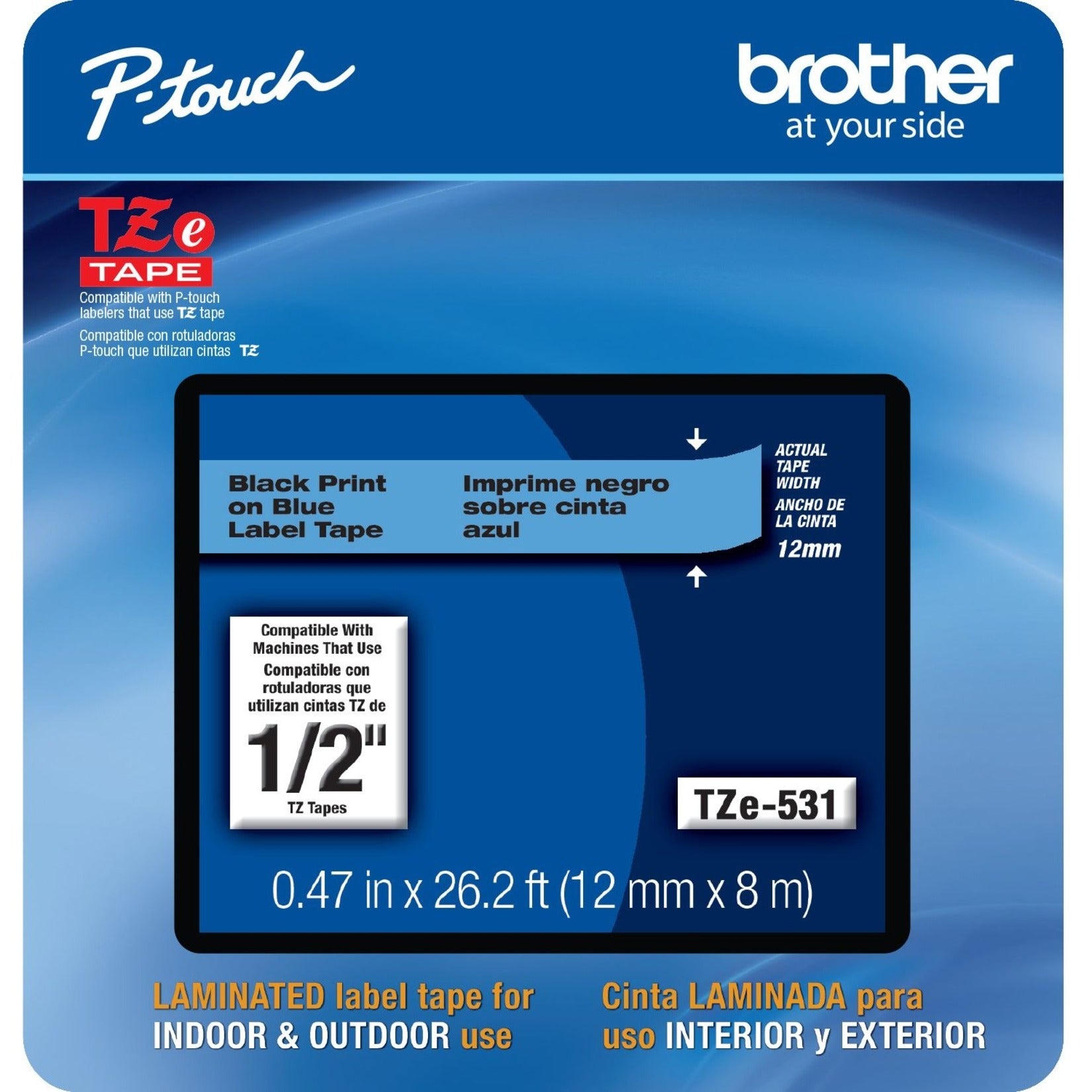 ผลิตภัณฑ์ Brother TZE531CS เทปป้าย ขนาด 0.47" x 26.2' สีดำบนสีน้ำเงิน แกะง่าย ป้องกันการซีดจาง ป้องกันการเลอะเทอะ