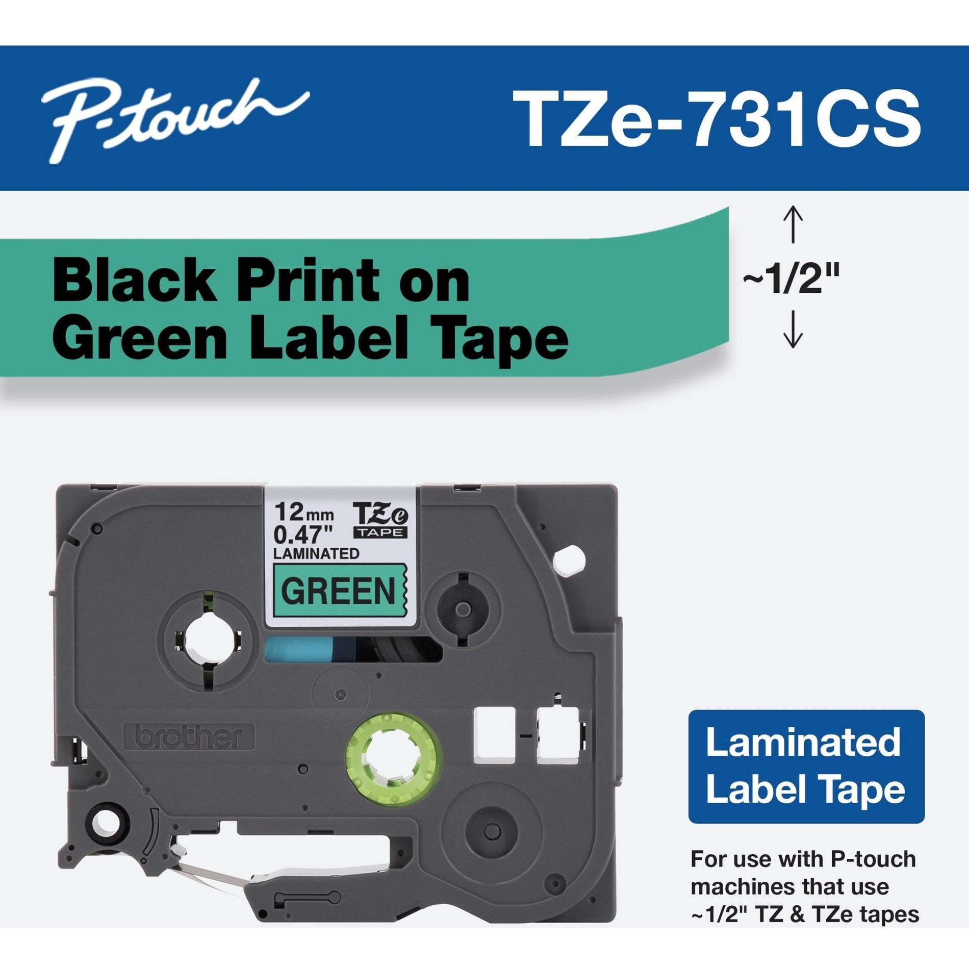 Brother TZE-731CS TZe-731CS, 0.47" x 26.2' Black on Green Laminated Label Tape, Easy Peel, Fade Resistant, Smudge Proof