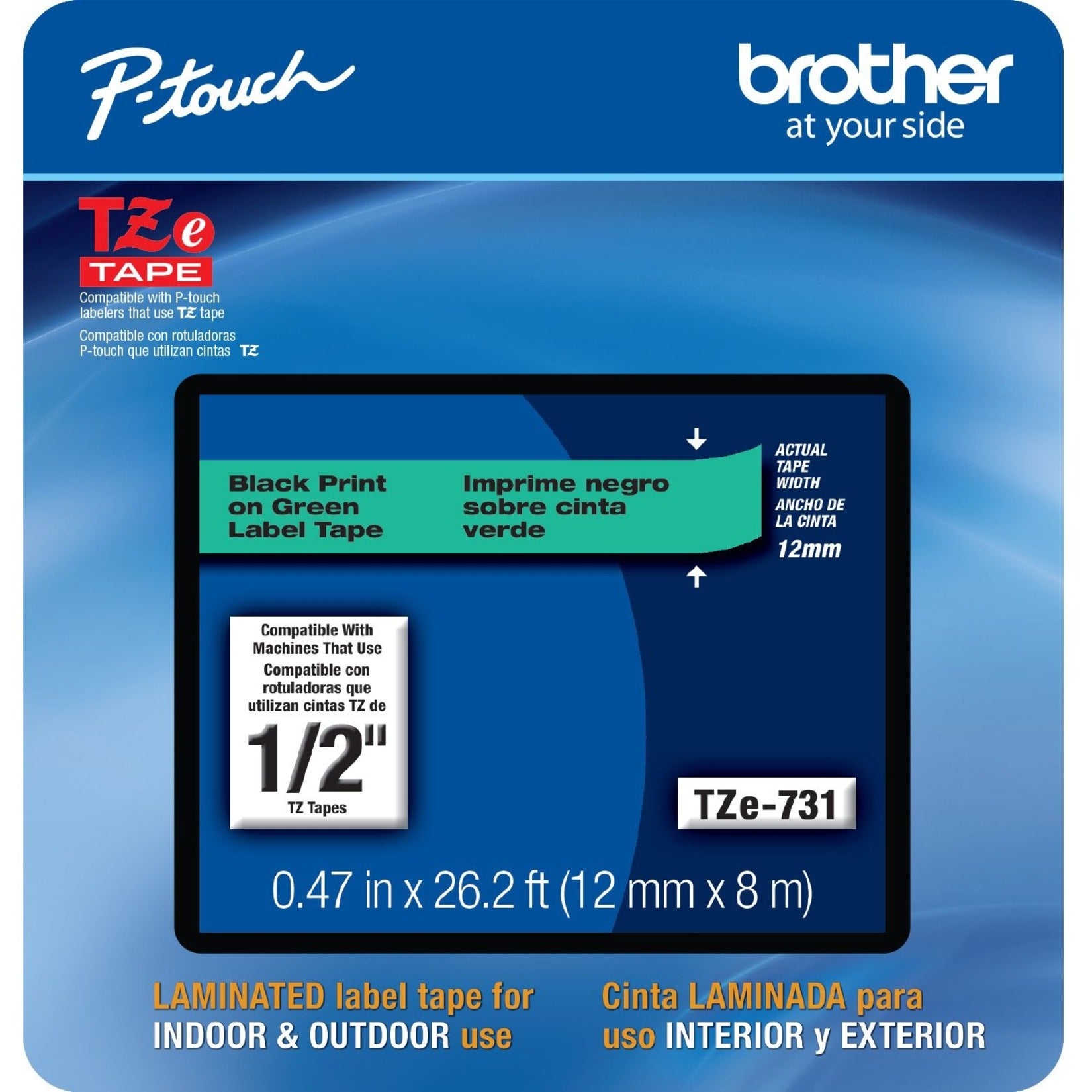 Brother TZE-731CS TZe-731CS, 0.47" x 26.2' Black on Green Laminated Label Tape, Easy Peel, Fade Resistant, Smudge Proof