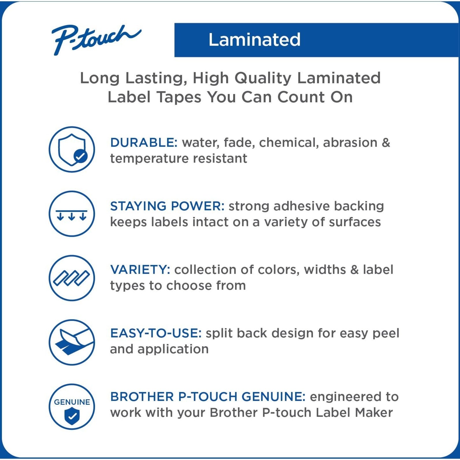 Infographic showing key features of Brother P-touch laminated label tape durability-alternate-image2