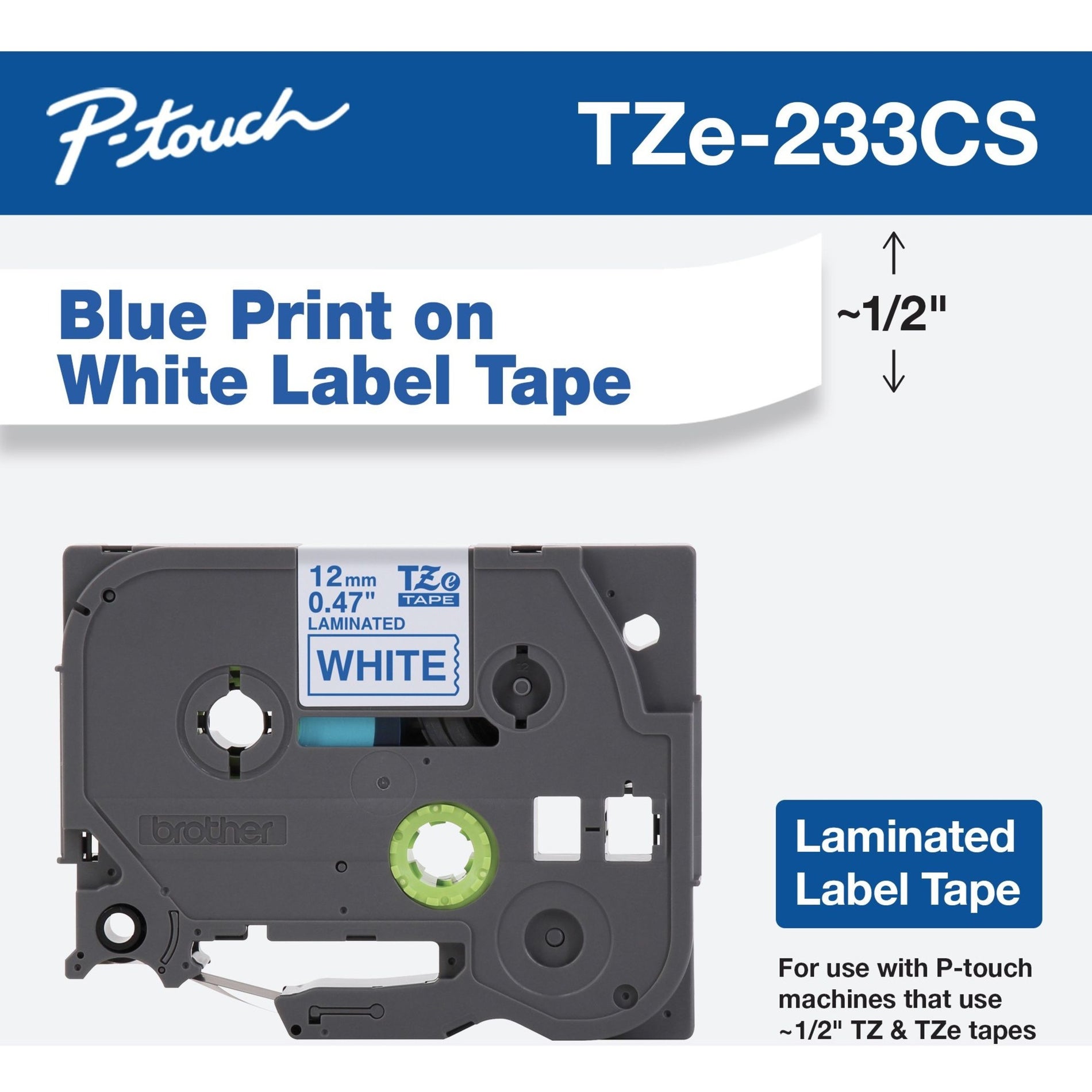 Brother TZE-233CS Label Tape Blauw op Wit 0.47" x 26.2' Makkelijk te Pellen Bestendig tegen Vervaging Waterbestendig