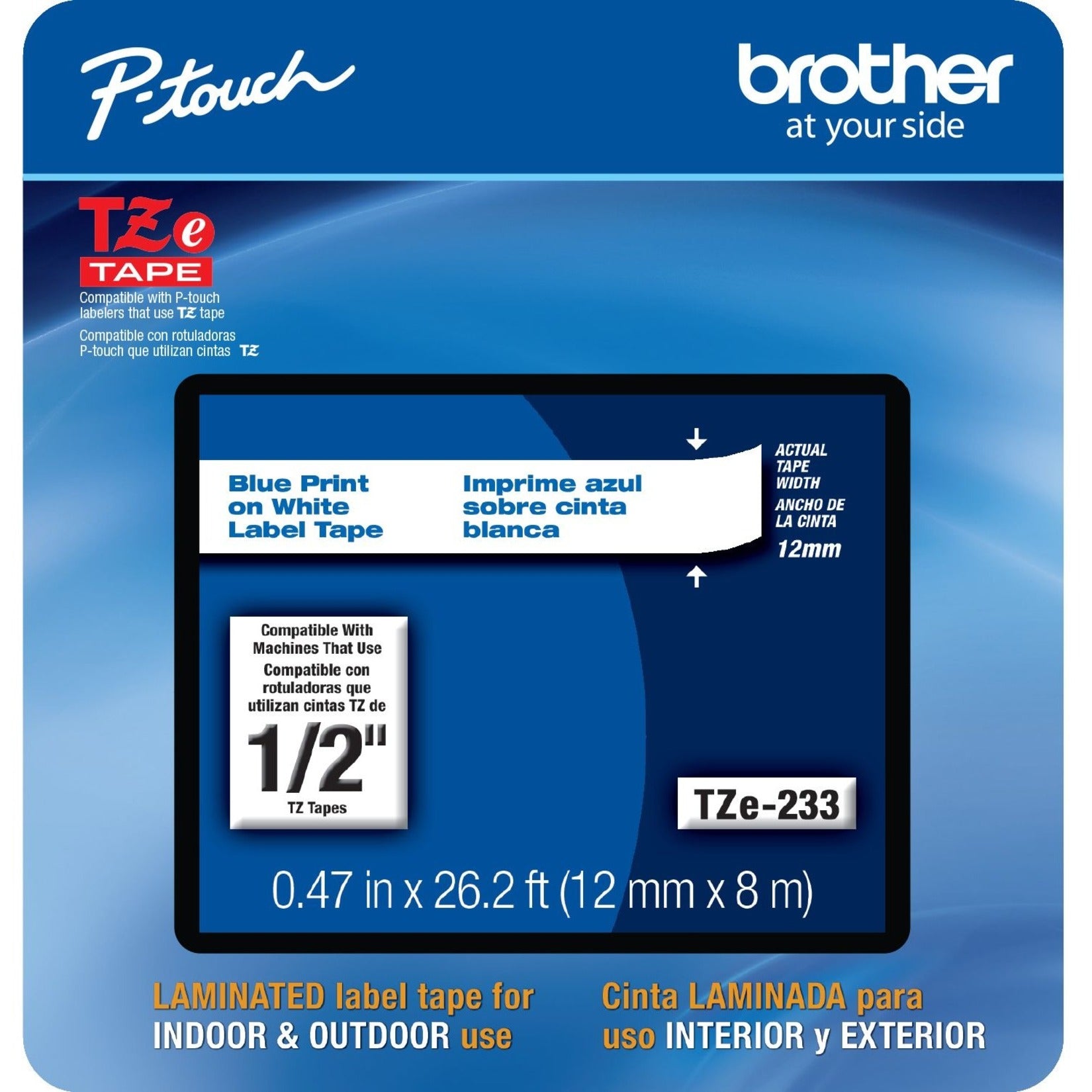 Hermano Cinta de Etiquetas TZE-233CS Azul sobre Blanco 0.47" x 26.2' Fácil de Pelar Resistente a la Decoloración Resistente al Agua Brother.