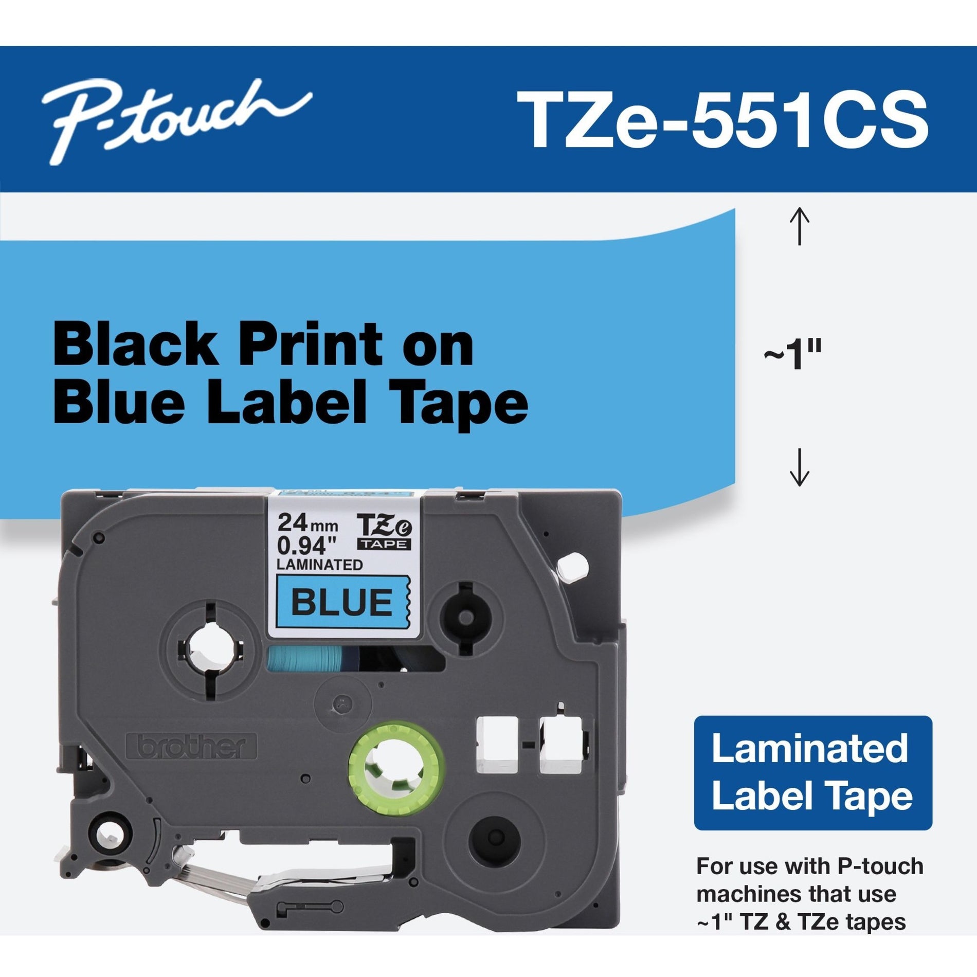 Hermano TZE-551CS TZe-551CS 0.94" x 26.2' Negro sobre Cinta de Etiqueta Laminada Azul Fácil de Pelar Resistente a la Decoloración a Prueba de Manchas