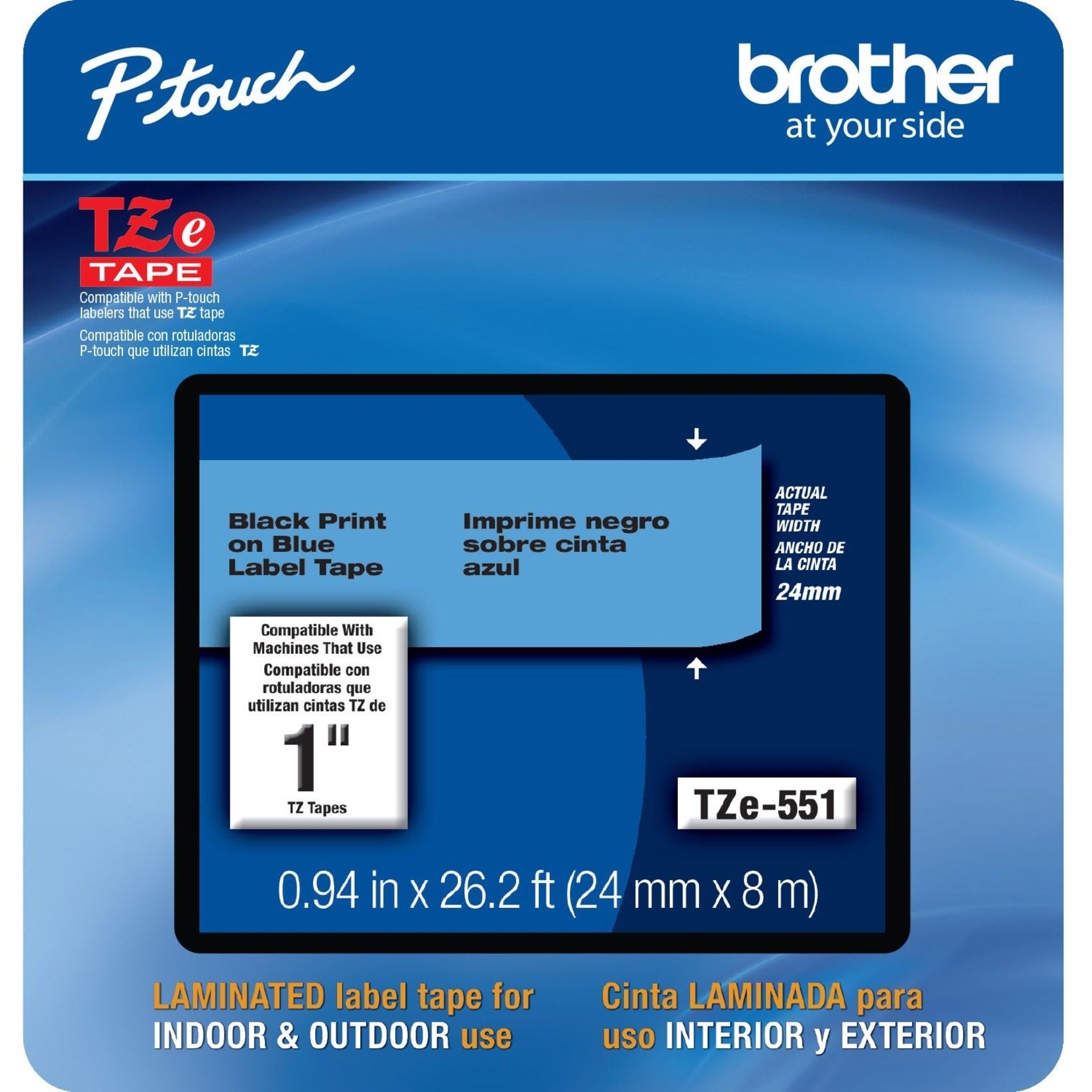 Hermano TZE-551CS TZe-551CS 0.94" x 26.2' Negro sobre Cinta de Etiqueta Laminada Azul Fácil de Pelar Resistente a la Decoloración a Prueba de Manchas