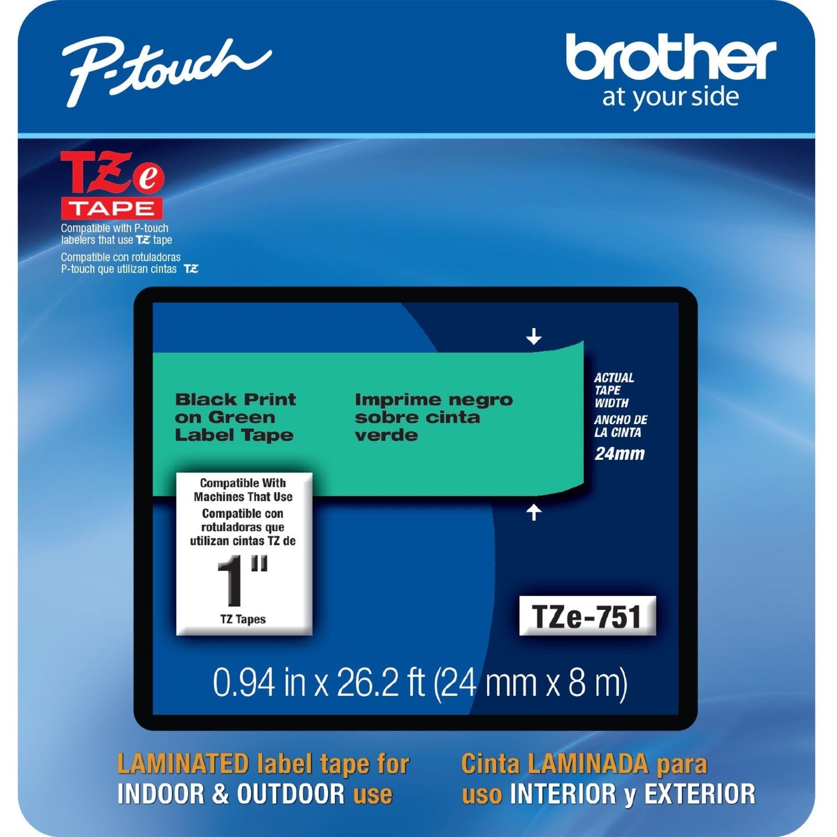 Brother TZE-751CS TZe-751CS, 0.94" x 26.2' Black on Green Laminated Label Tape, Easy Peel, Fade Resistant, Smudge Proof