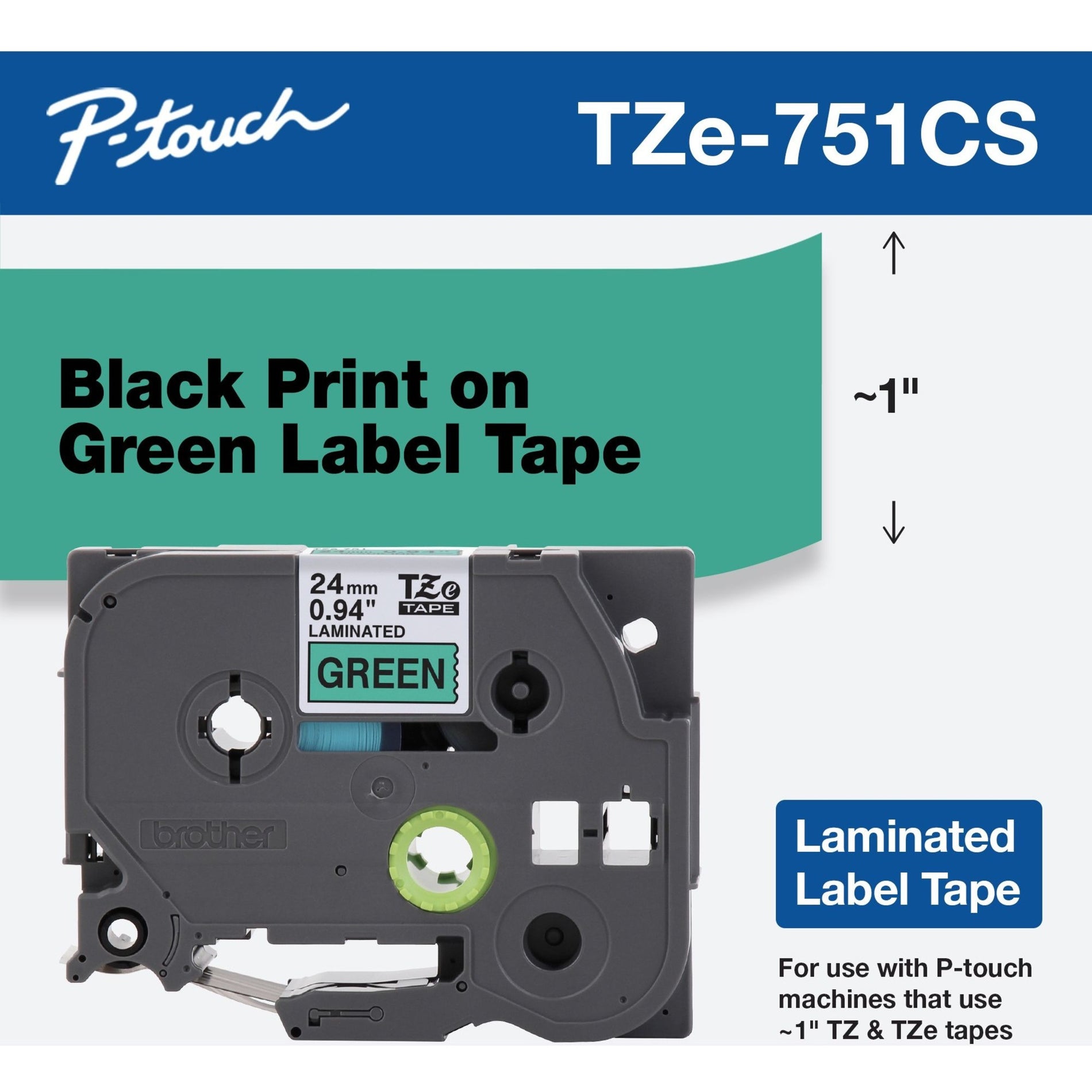 Broer TZE-751CS TZe-751CS 0.94" x 26.2' Zwart op Groen Gelamineerd Label Tape Makkelijk te Pellen Vervaagt Niet Smudge Proof