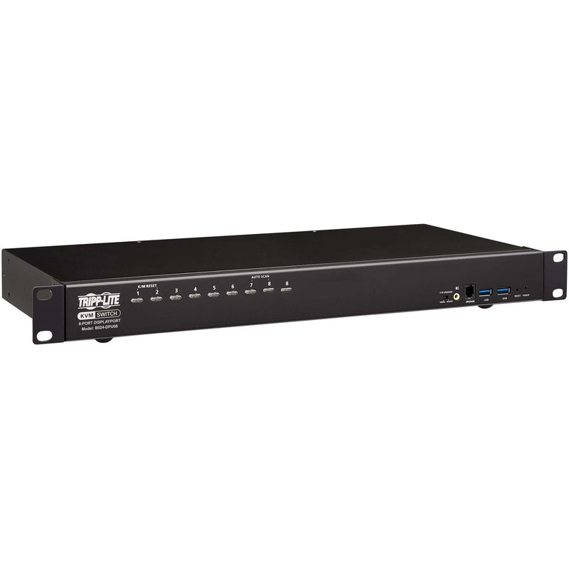 Front view of Tripp Lite B024-DPU08 8-port KVM switch showing control buttons and USB ports