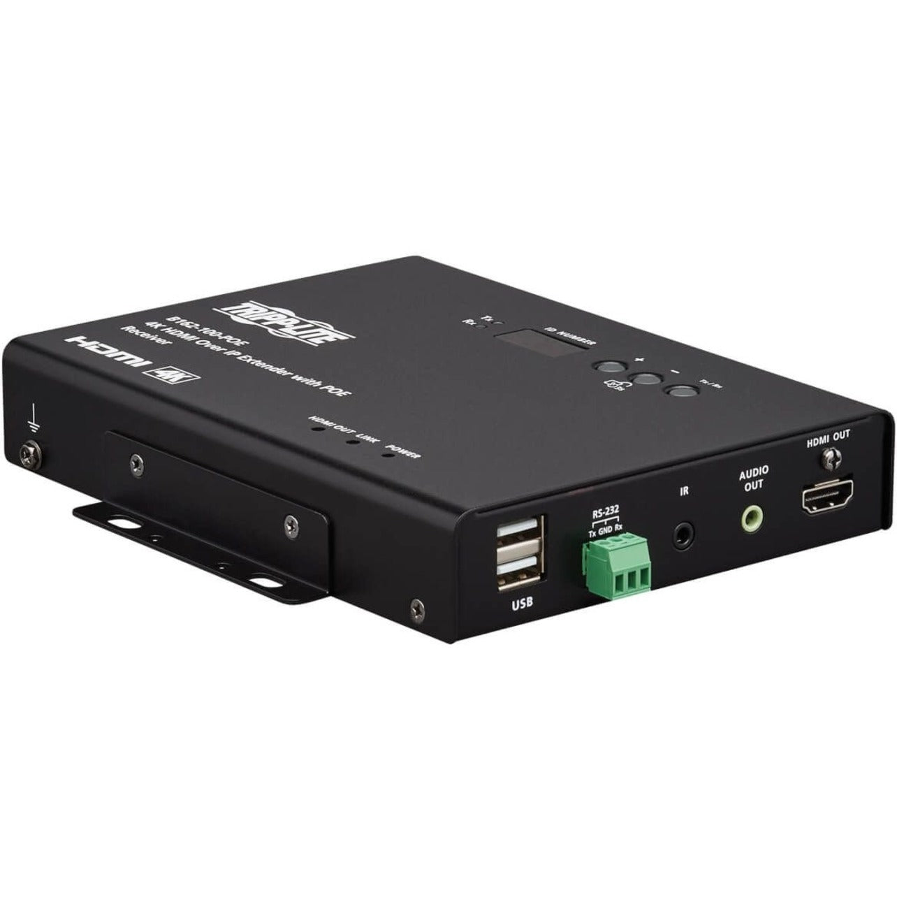 Rear view of Tripp Lite B162-001-POE HDMI extender transmitter showing USB ports, RS-232, IR, audio out, and HDMI output connections-alternate-image1