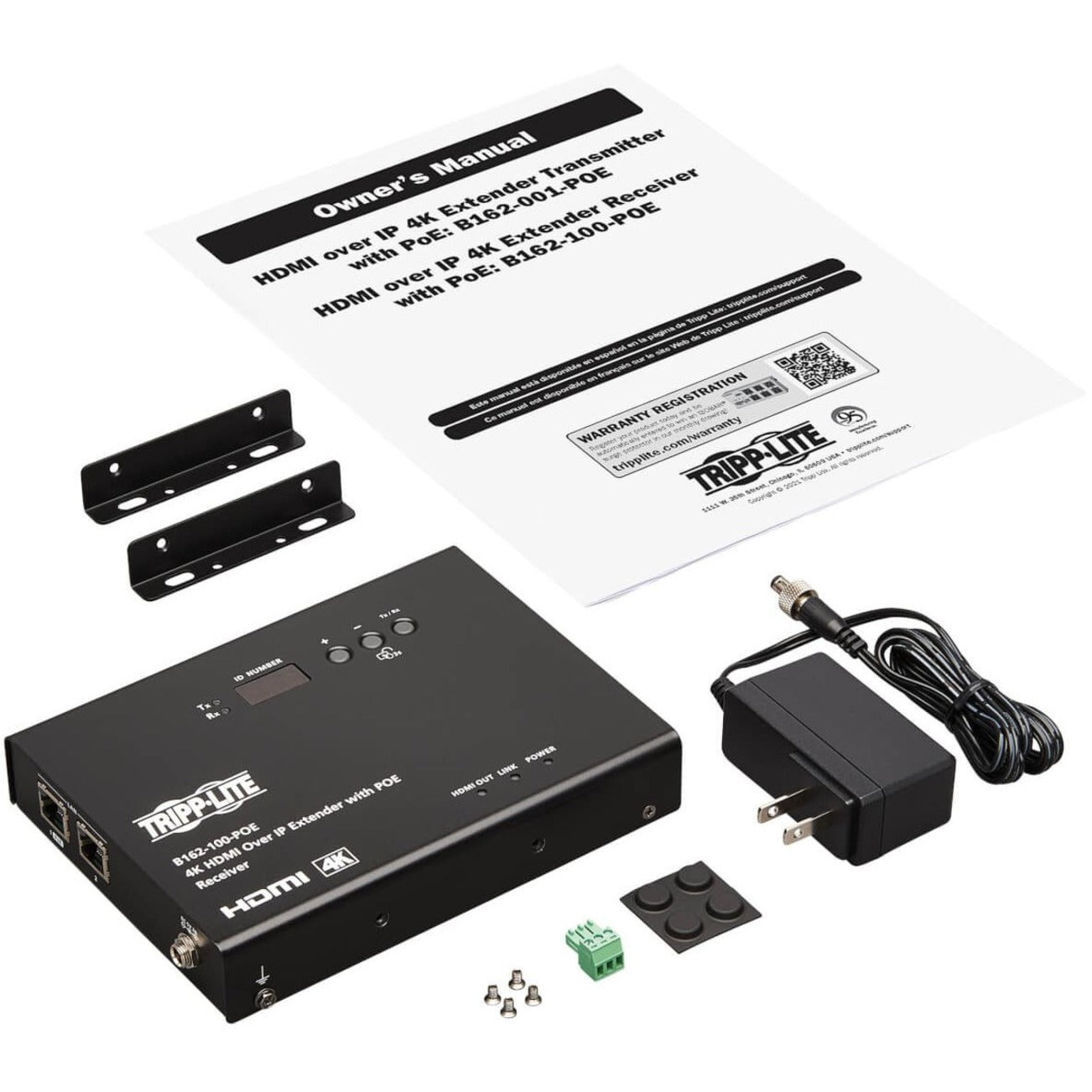 Complete package contents of Tripp Lite B162-001-POE including mounting brackets, power supply, and accessories-alternate-image6