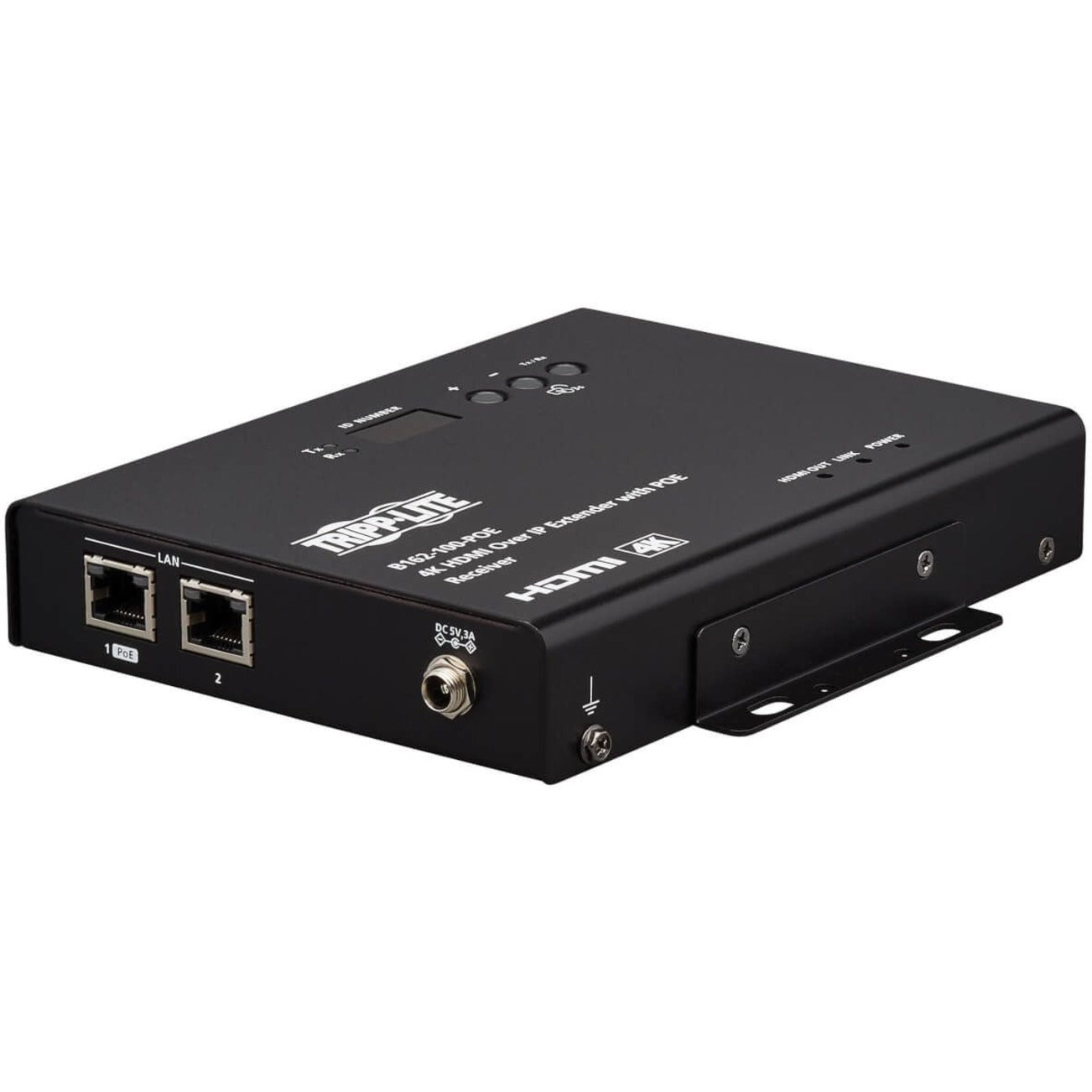 Front view of Tripp Lite B162-001-POE showing dual LAN ports with PoE functionality and power input-alternate-image2