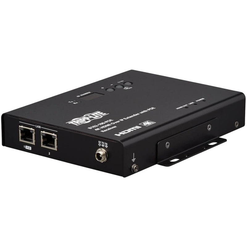 Front view of Tripp Lite B162-001-POE showing dual LAN ports with PoE functionality and power input