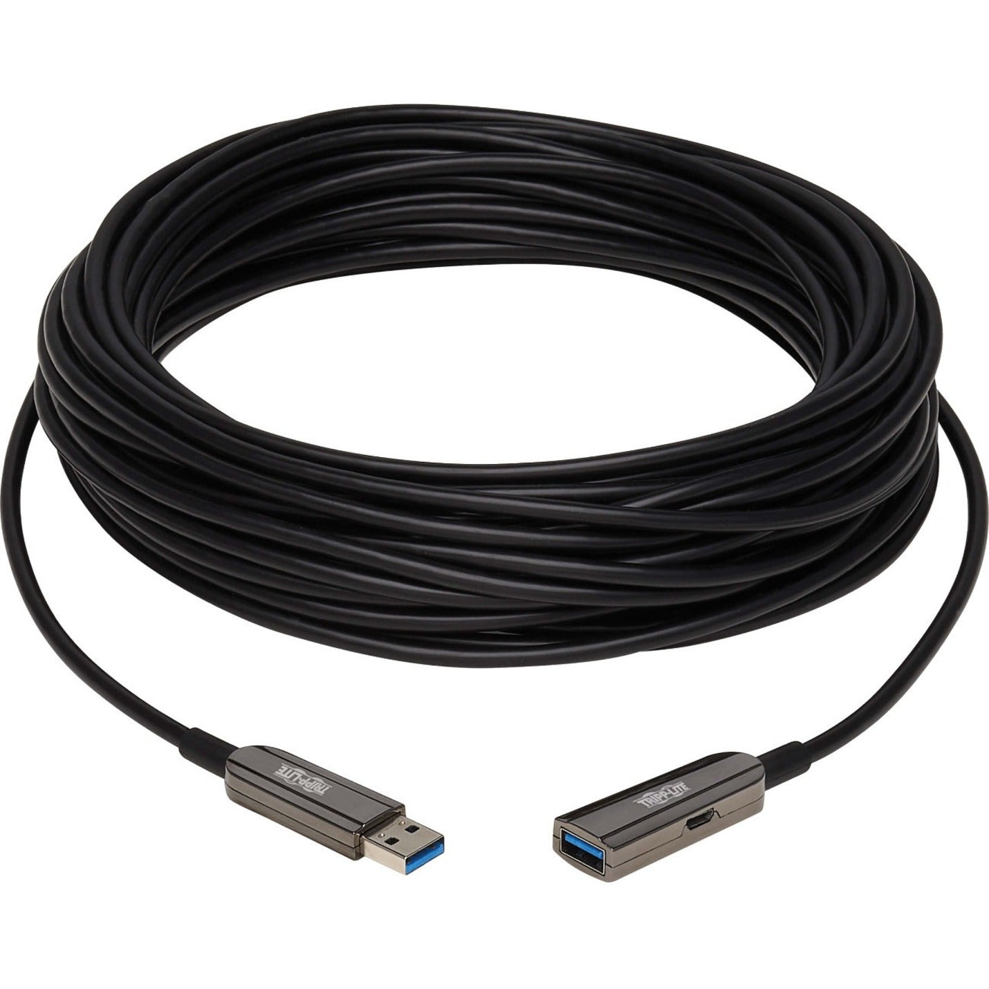 Full length view of Tripp Lite U330F-15M-G1 fiber optic cable showing flexible black cable and connectors-alternate-image2