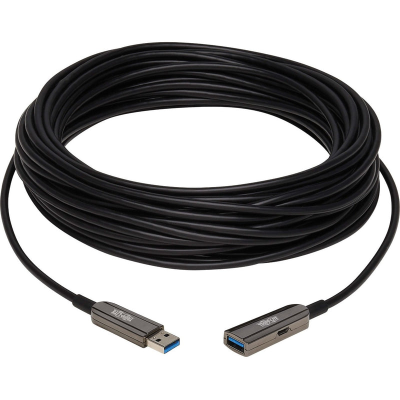 Full length view of Tripp Lite U330F-15M-G1 fiber optic cable showing flexible black cable and connectors