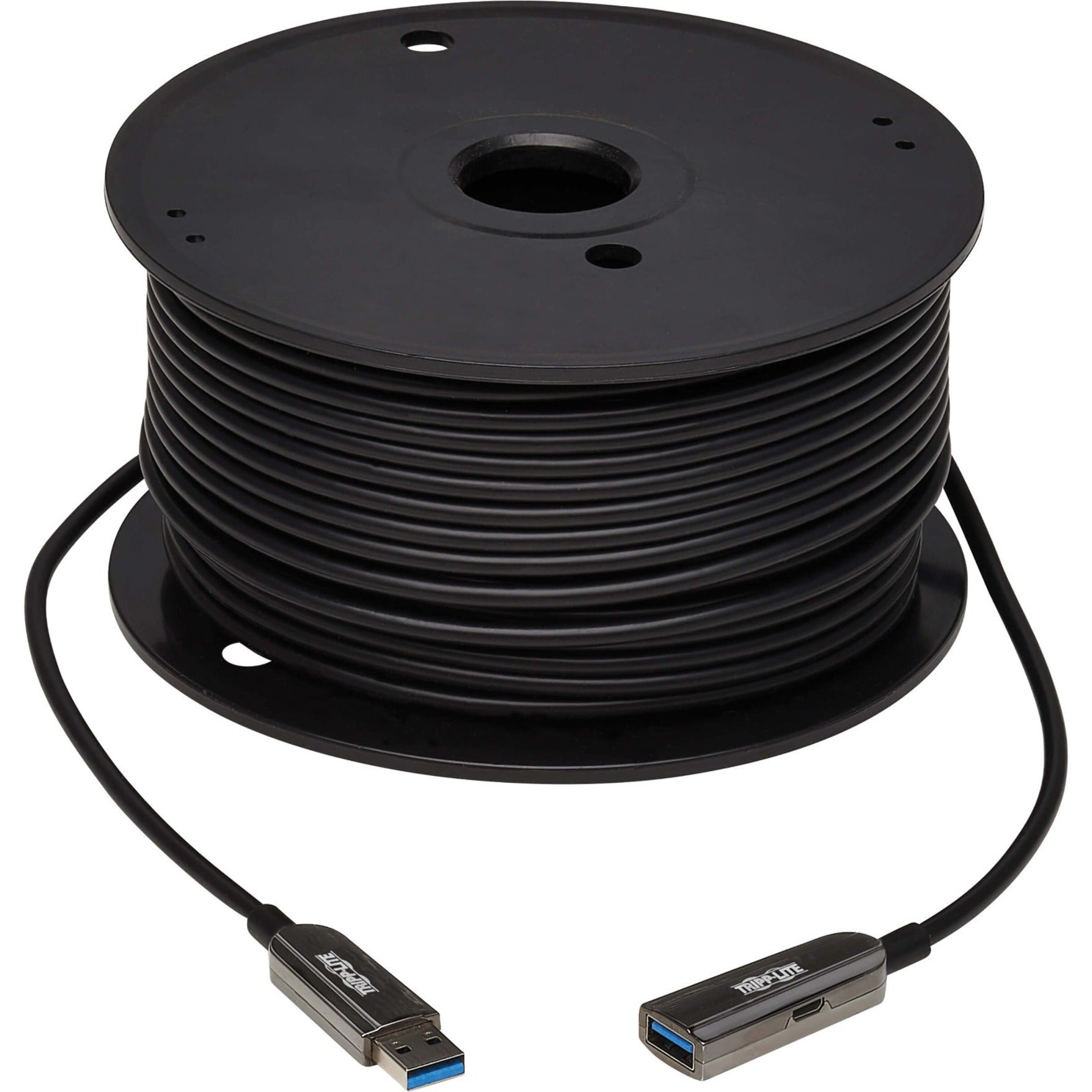 Full length view of Tripp Lite U330F-50M-G1 fiber optic cable on spool with USB connectors-alternate-image2