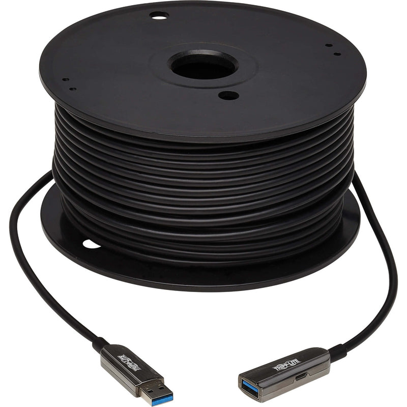 Full length view of Tripp Lite U330F-50M-G1 fiber optic cable on spool with USB connectors