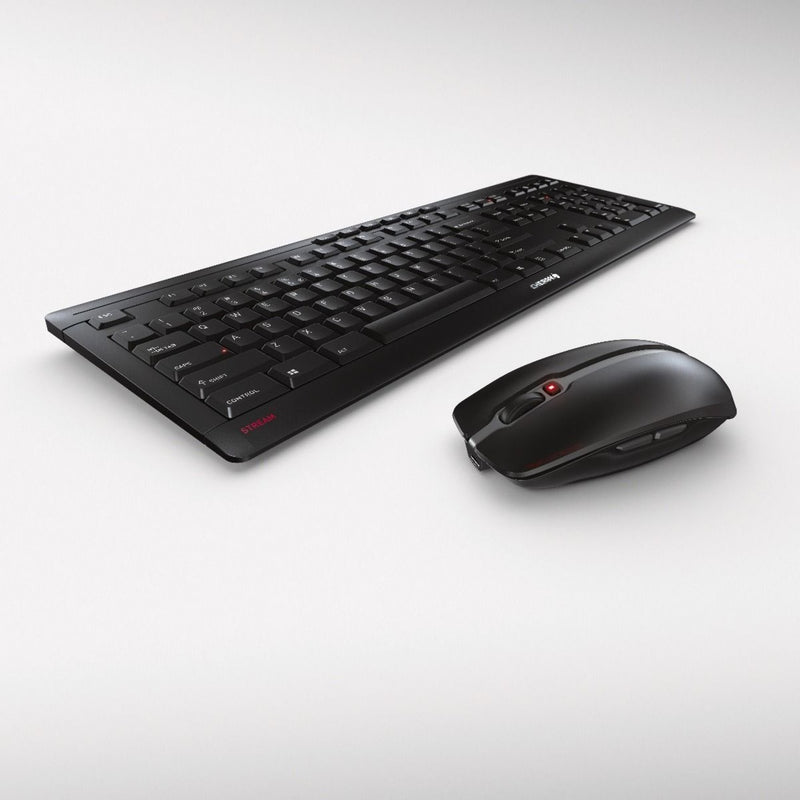 Side angle view of CHERRY keyboard and mouse showing low-profile design