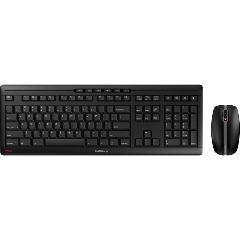 CHERRY STREAM DESKTOP wireless keyboard and mouse set in black showing full layout and ergonomic mouse design