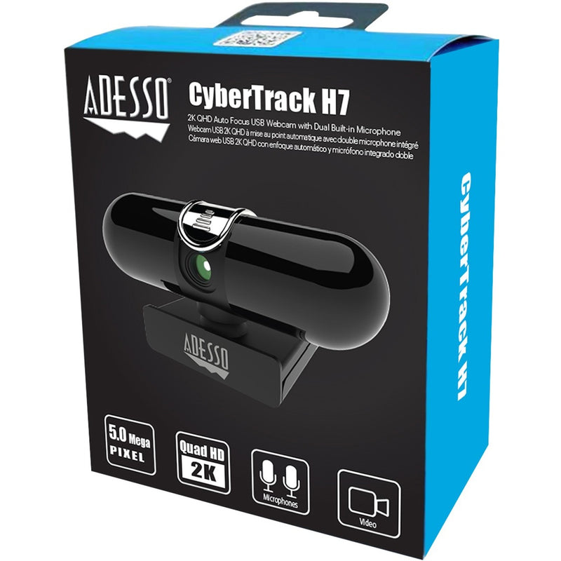 Retail packaging of Adesso CyberTrack H7 webcam showing product features