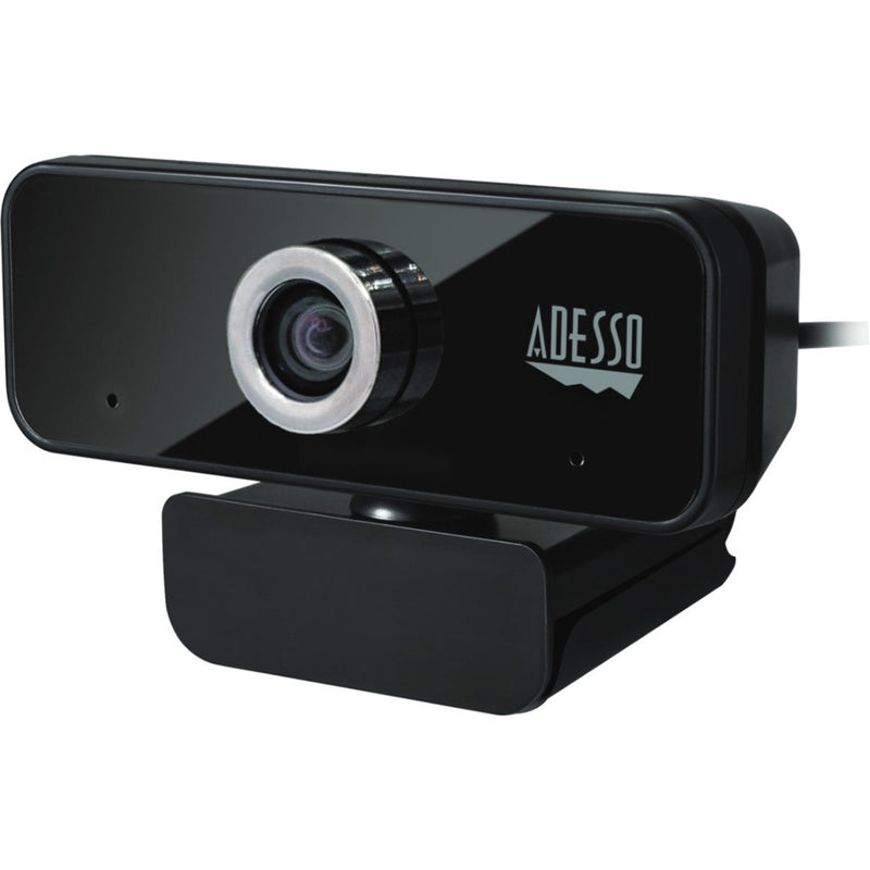 Side view of Adesso CyberTrack 6S 4K webcam showing manual focus ring and sleek black design