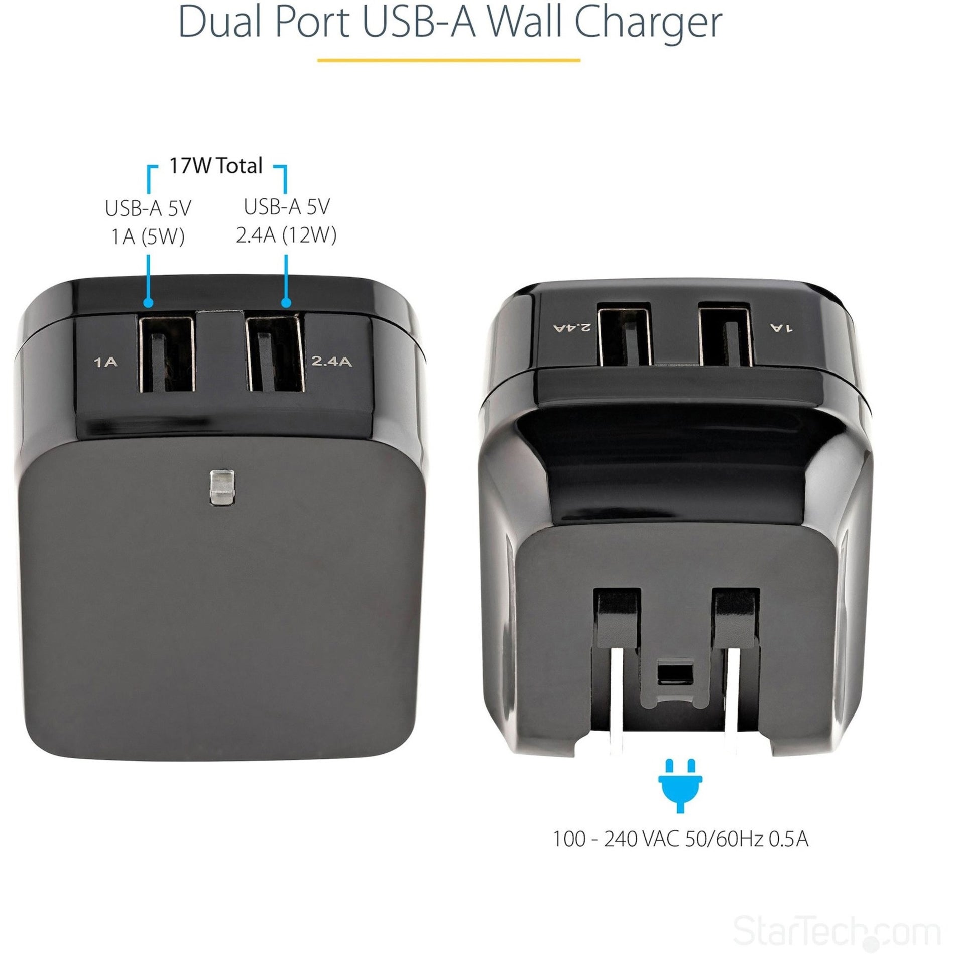 StarTech.com USB2PACUBK 2 Port USB Wall Charger, Dual USB-A Power Adapter, Portable Charger for Phones/Tablets